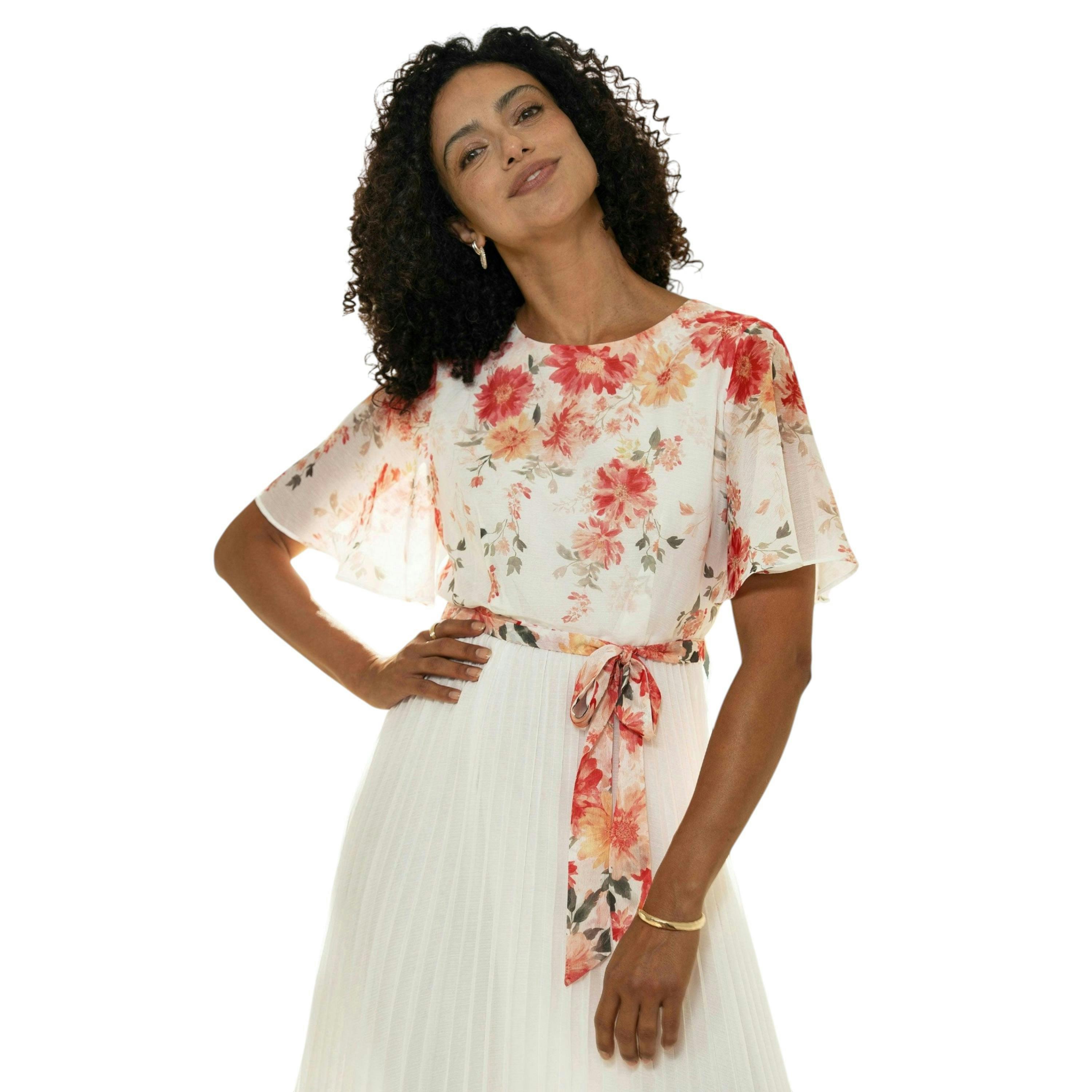 Yumi White Mirror Floral Design Pleated Midi Dress , view 1 of 6