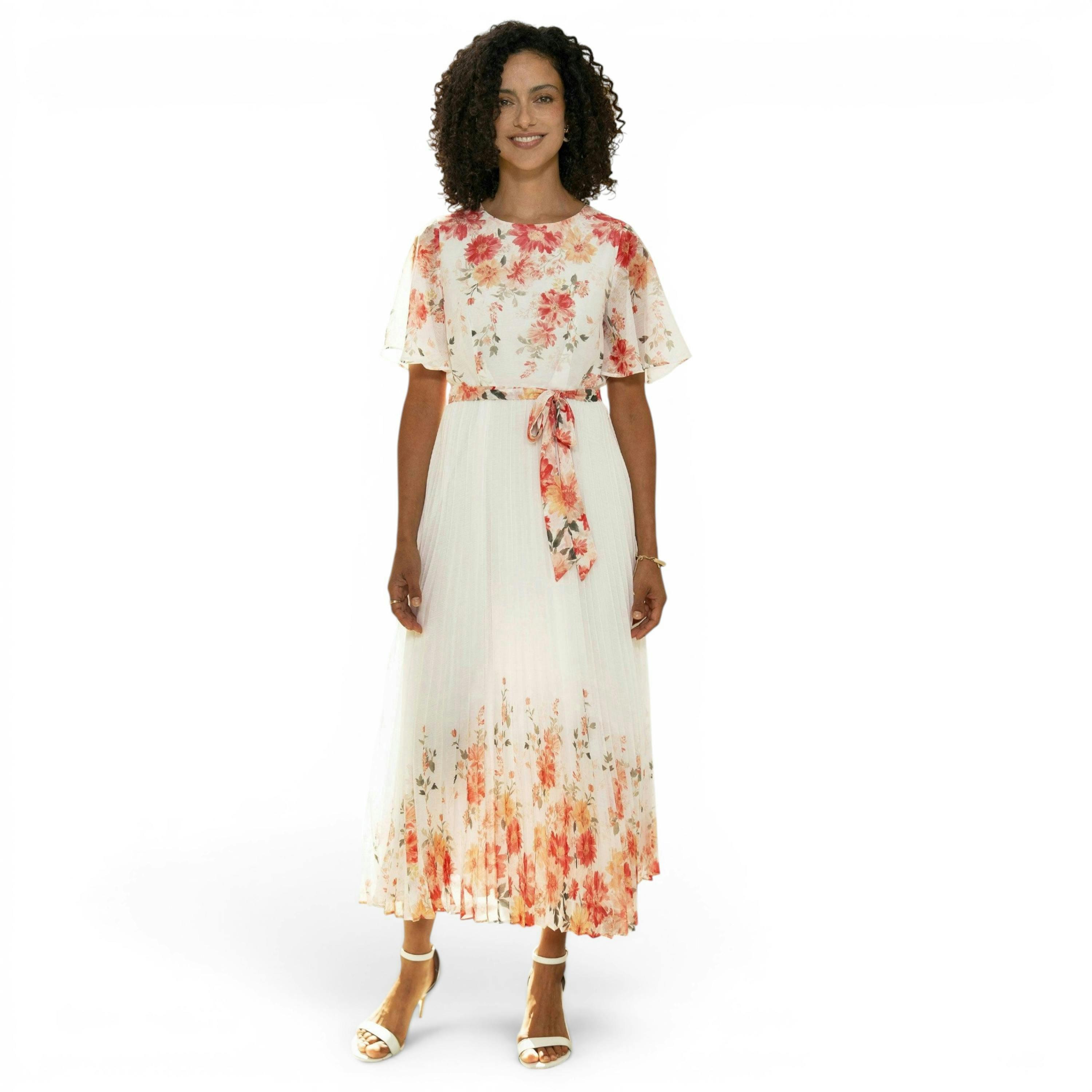Yumi White Mirror Floral Design Pleated Midi Dress , view 2 of 6
