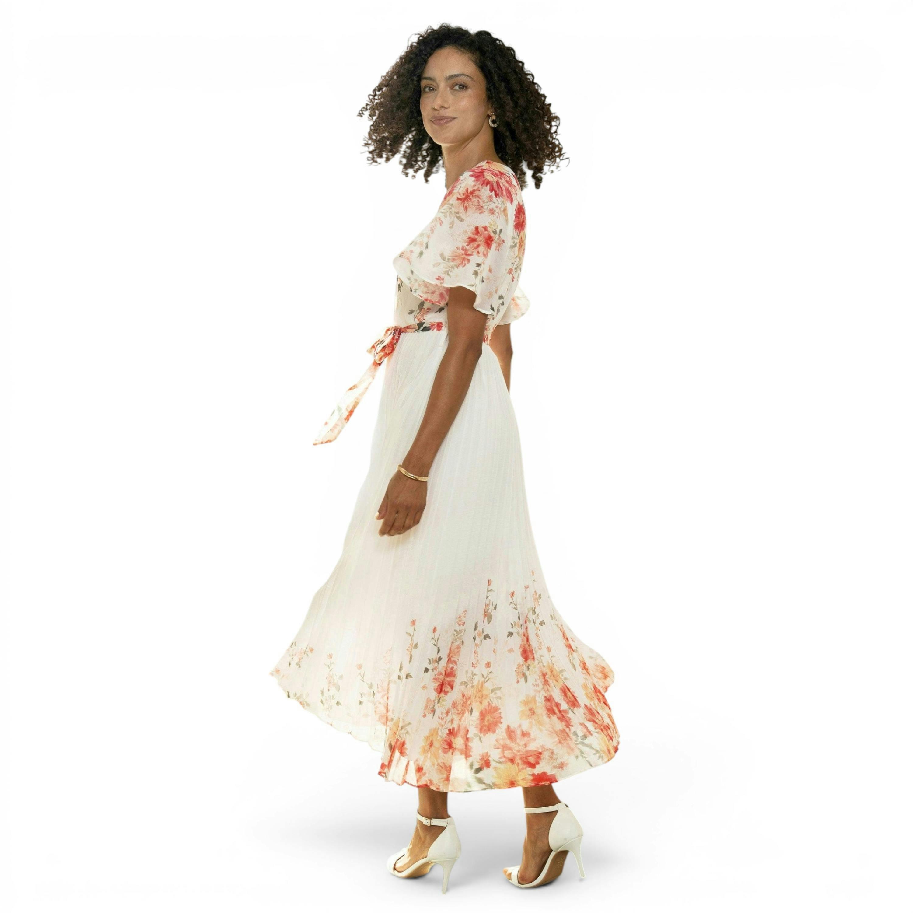 Yumi White Mirror Floral Design Pleated Midi Dress , view 3 of 6