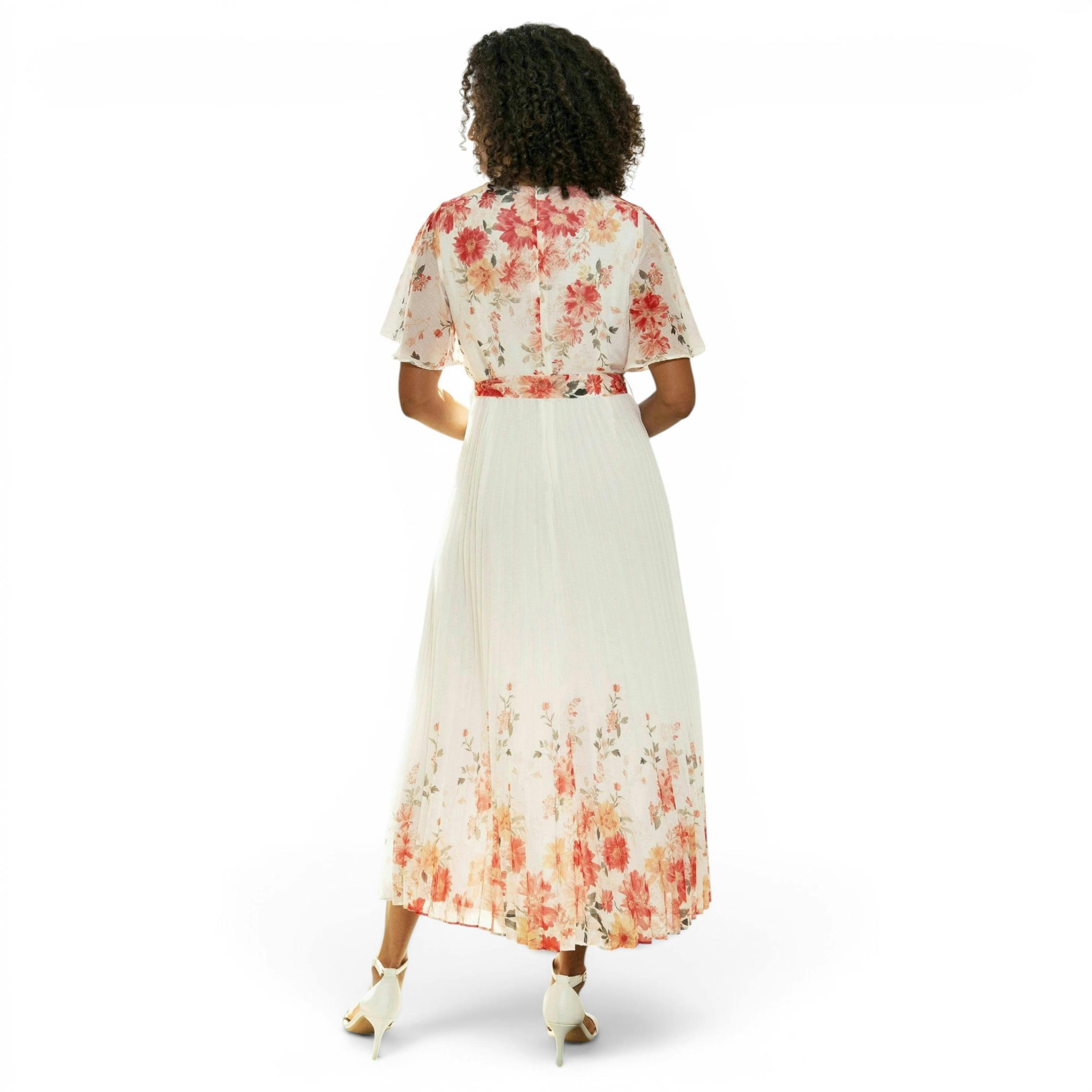 Yumi White Mirror Floral Design Pleated Midi Dress , view 4 of 6