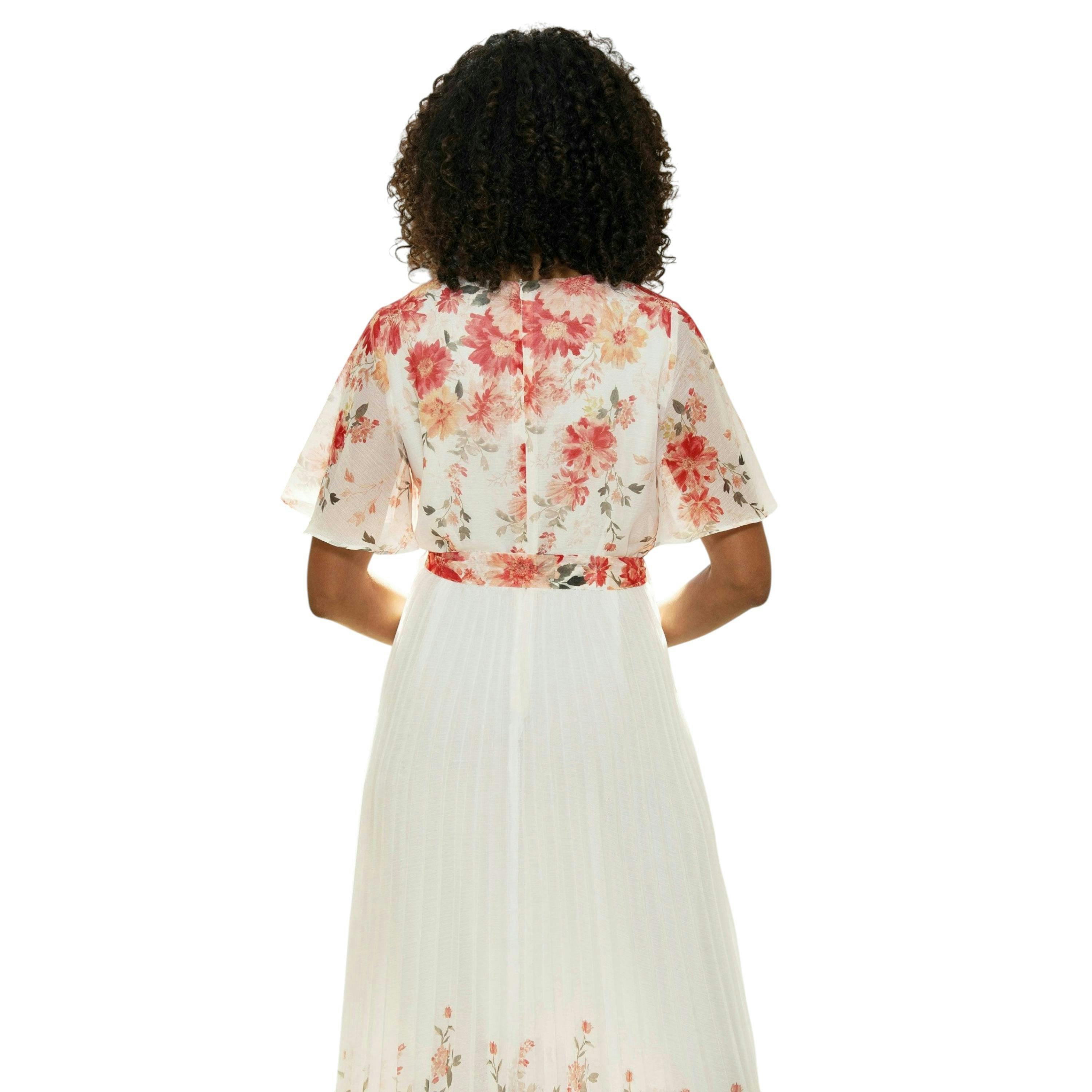Yumi White Mirror Floral Design Pleated Midi Dress , view 5 of 6
