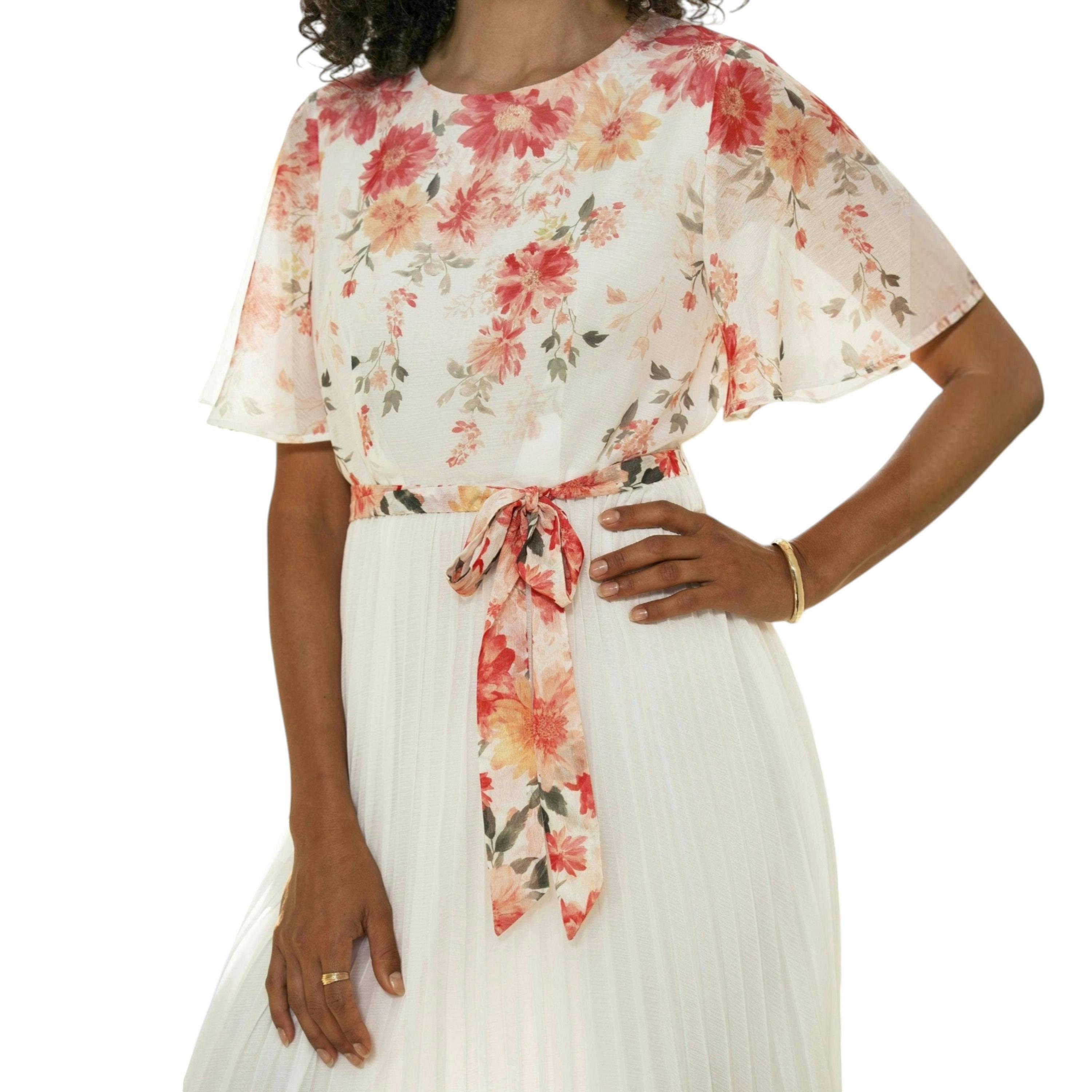 Yumi White Mirror Floral Design Pleated Midi Dress , view 6 of 6