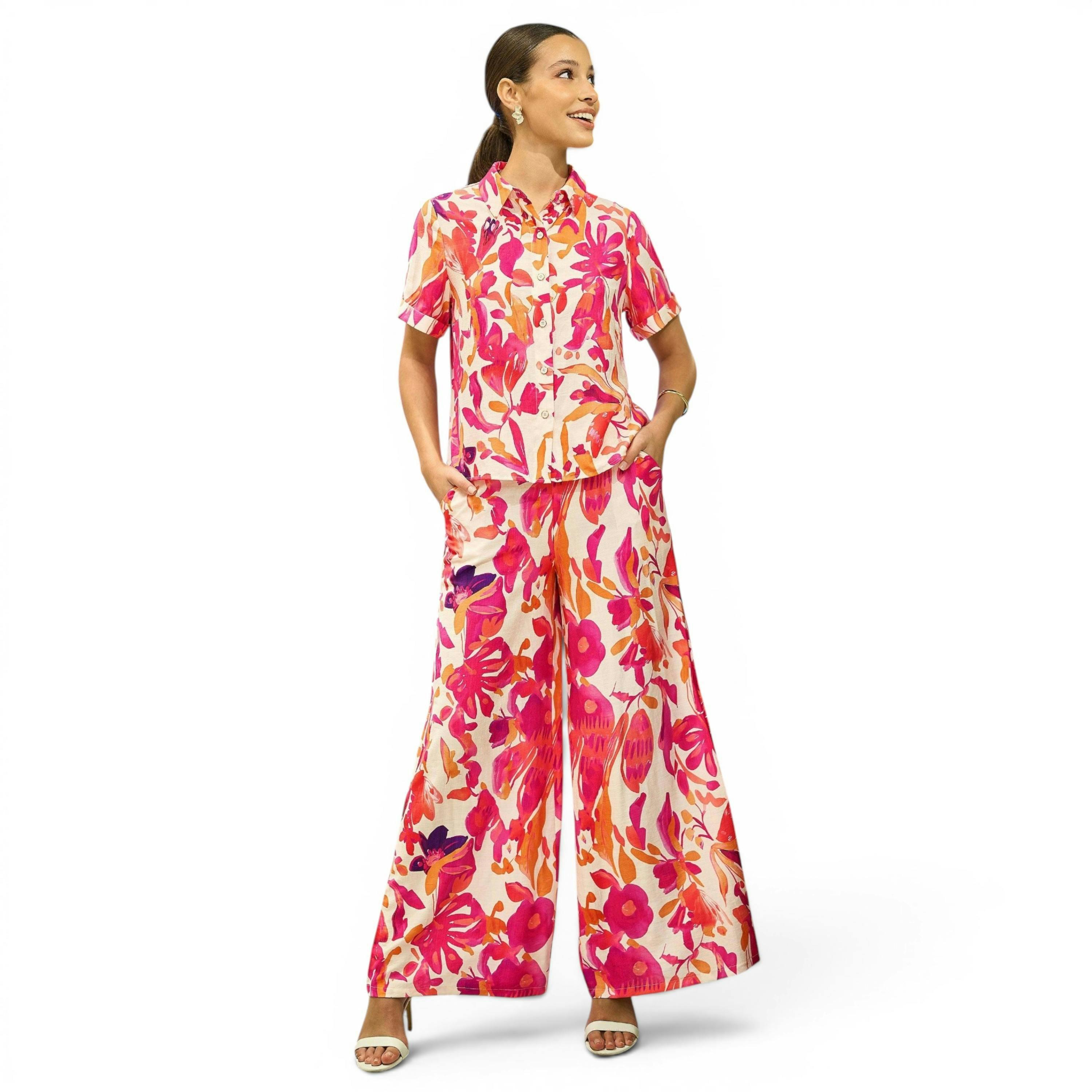 Yumi Pink Abstract Floral Wide Leg Trousers , view 1 of 5