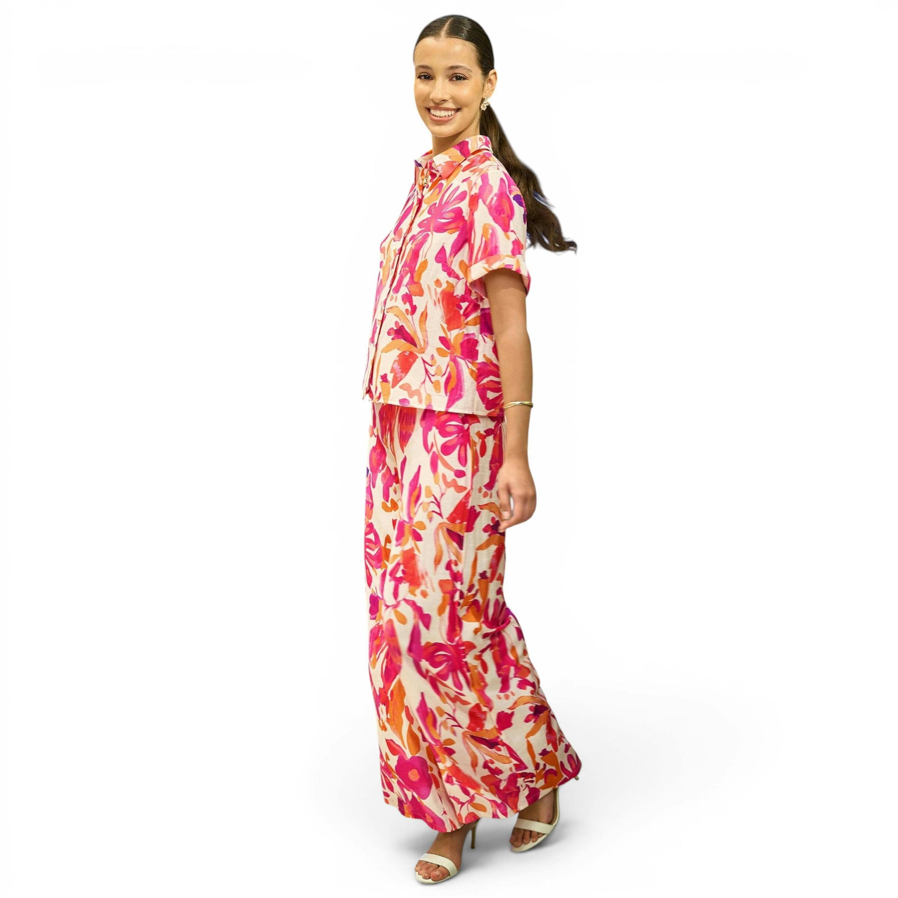 Yumi Pink Abstract Floral Wide Leg Trousers , view 2 of 5