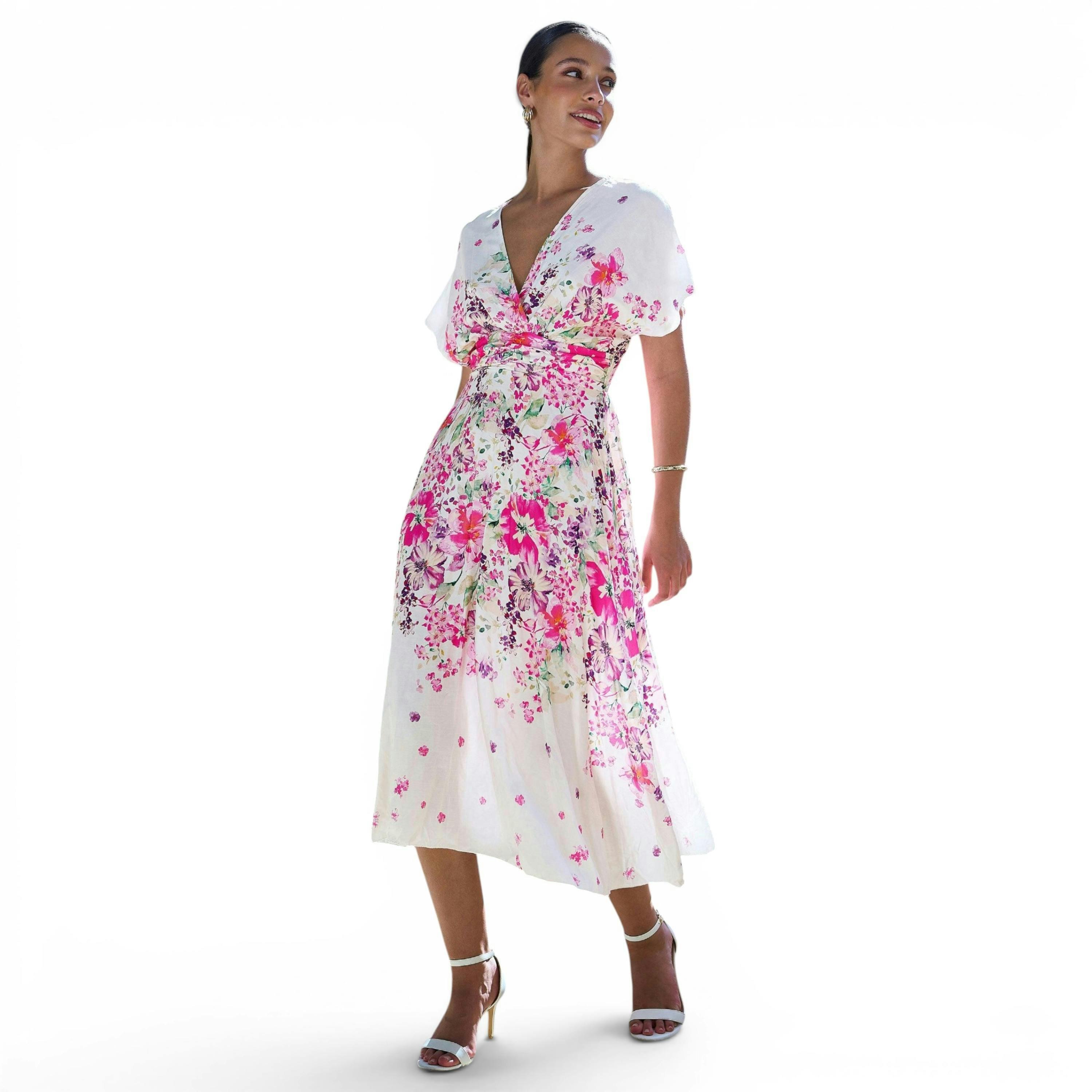 Yumi Pink Mirror Floral Print Ruched Waist Kimono Midi Dress , view 1 of 6