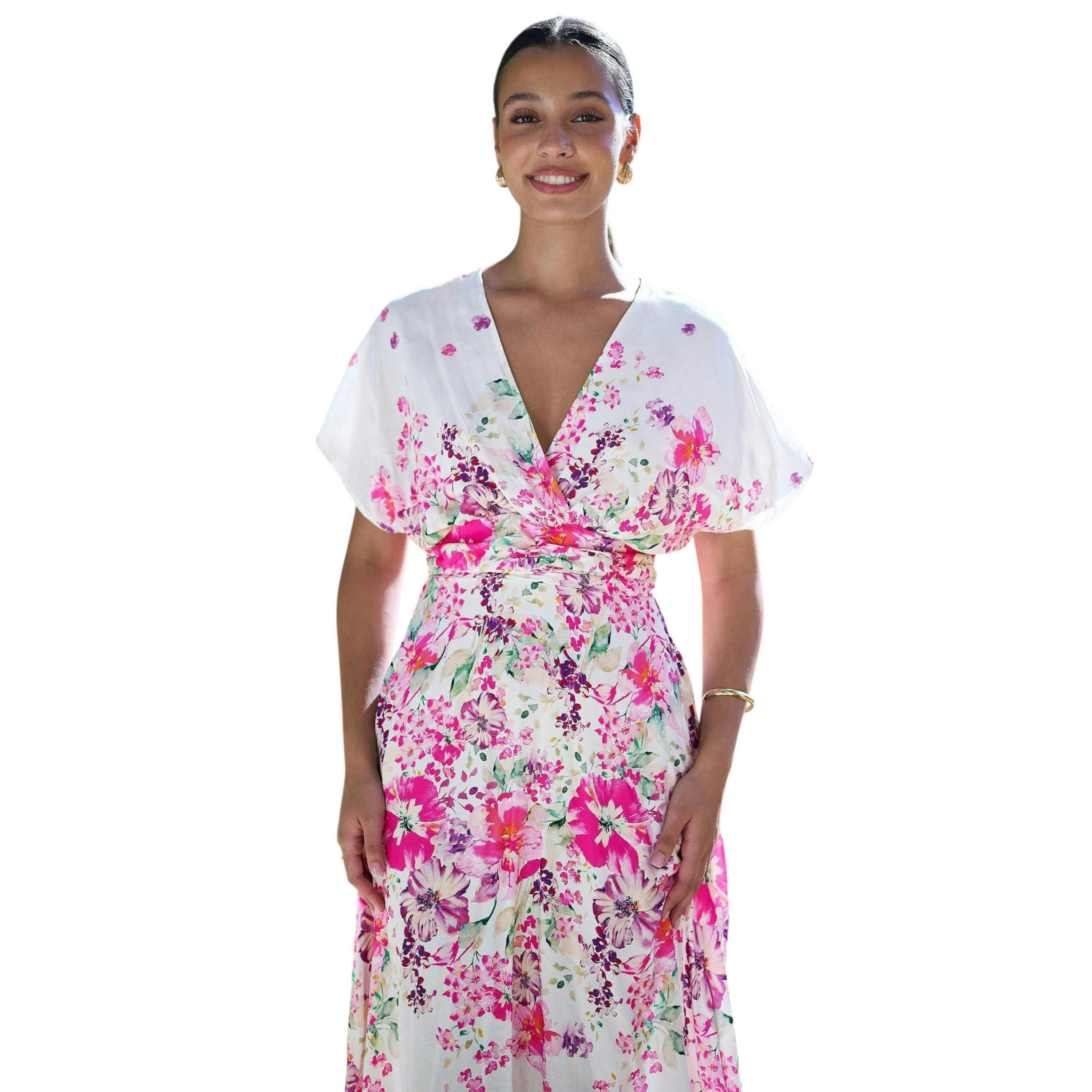 Yumi Pink Mirror Floral Print Ruched Waist Kimono Midi Dress , view 2 of 6