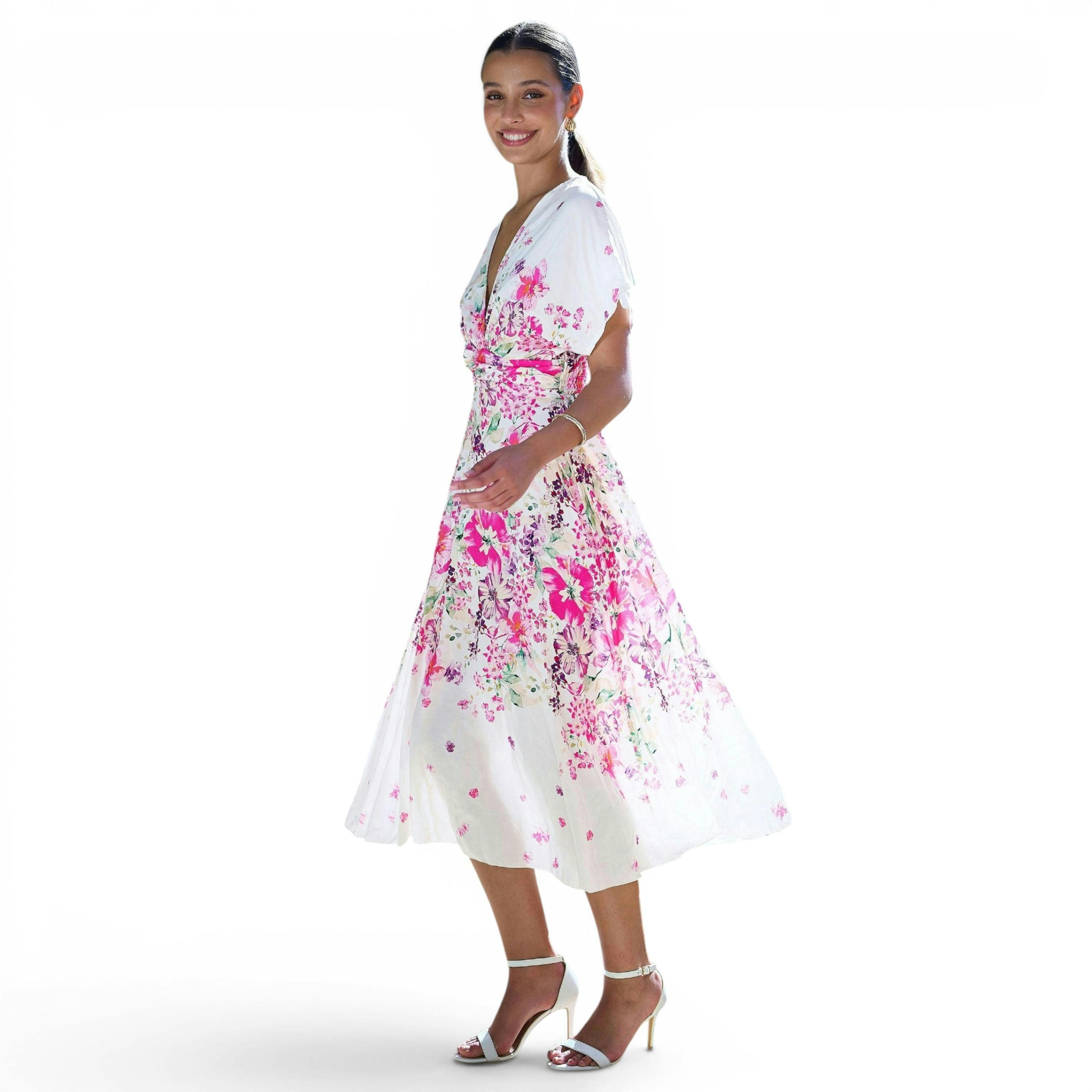 Yumi Pink Mirror Floral Print Ruched Waist Kimono Midi Dress , view 3 of 6