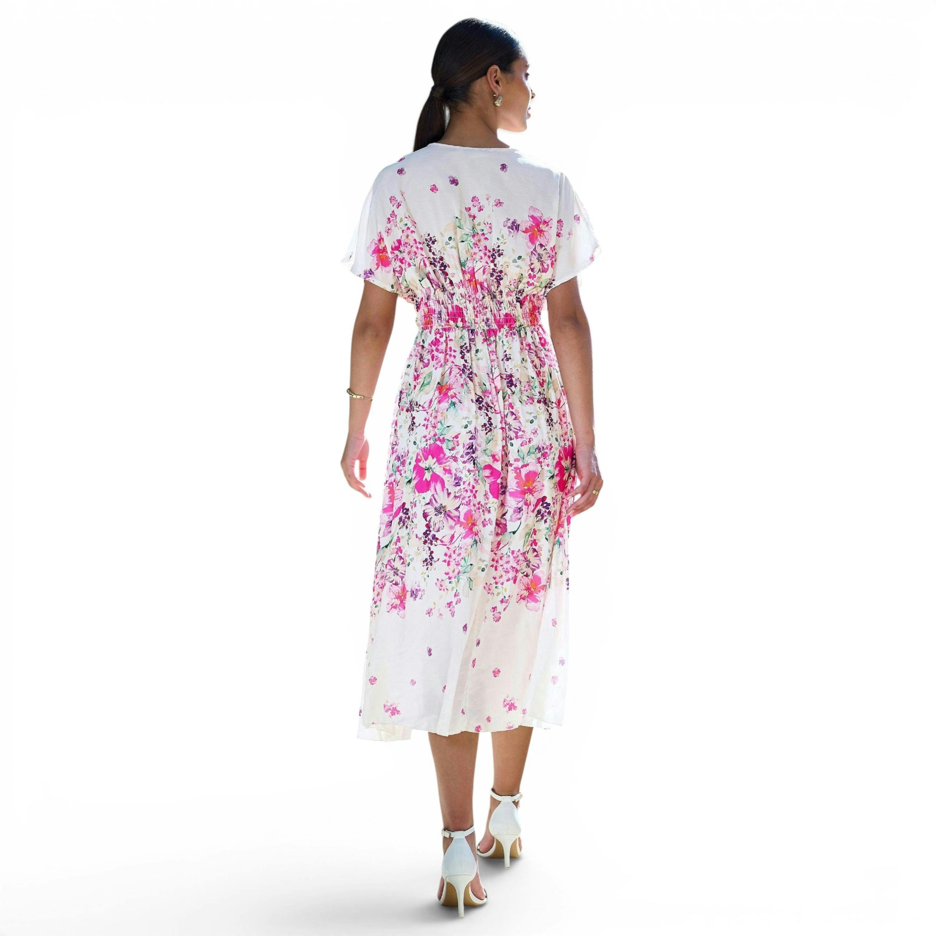 Yumi Pink Mirror Floral Print Ruched Waist Kimono Midi Dress , view 4 of 6