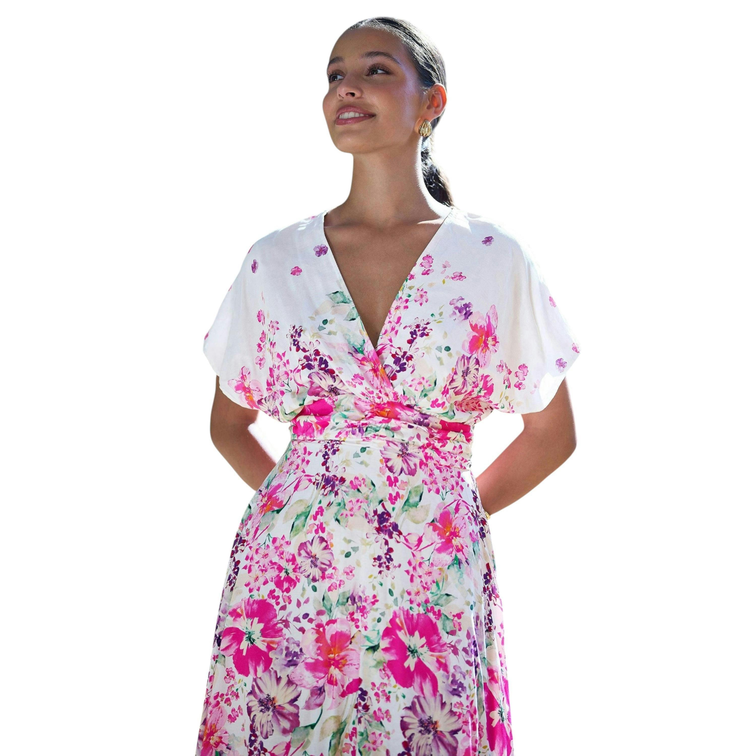 Yumi Pink Mirror Floral Print Ruched Waist Kimono Midi Dress , view 5 of 6