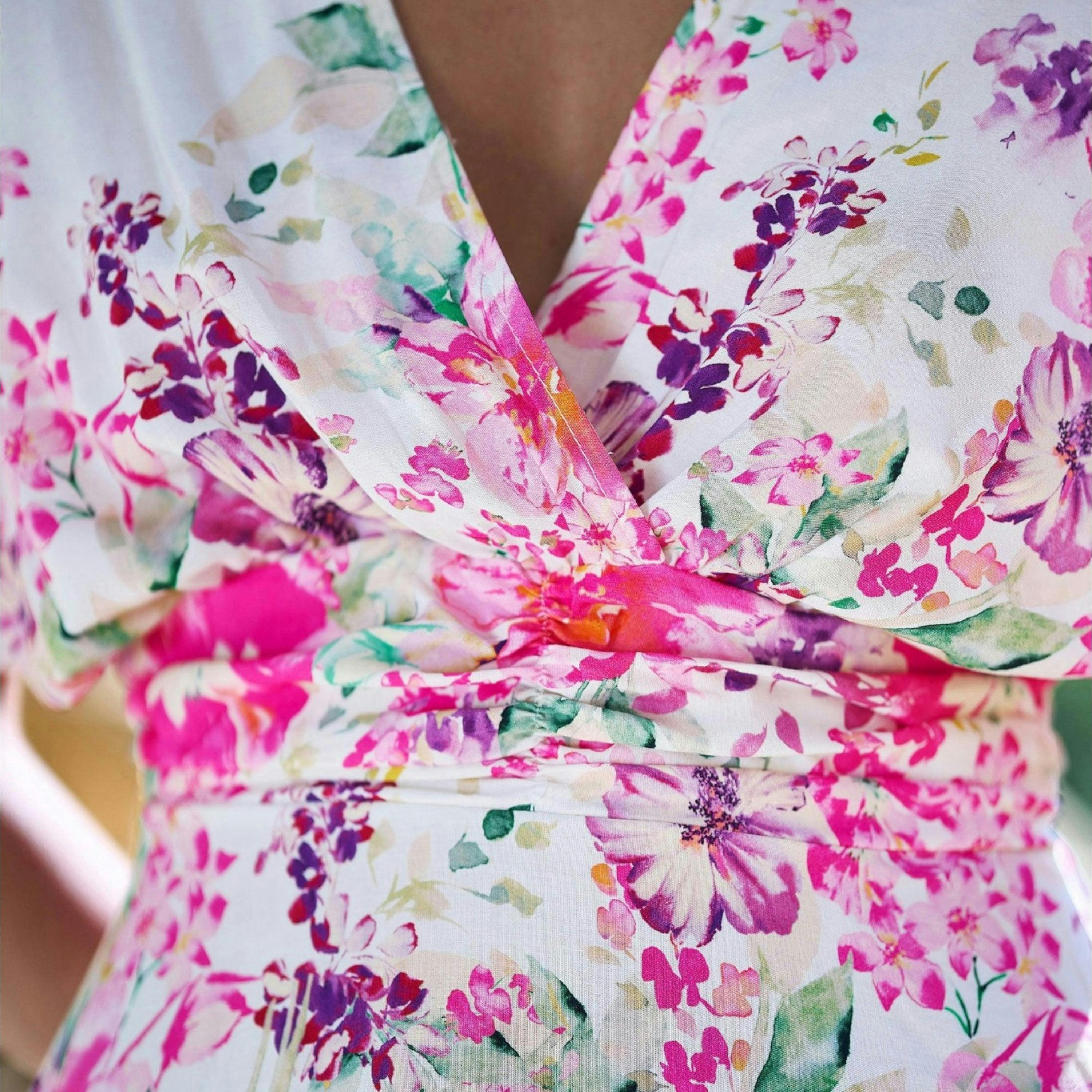 Yumi Pink Mirror Floral Print Ruched Waist Kimono Midi Dress , view 6 of 6