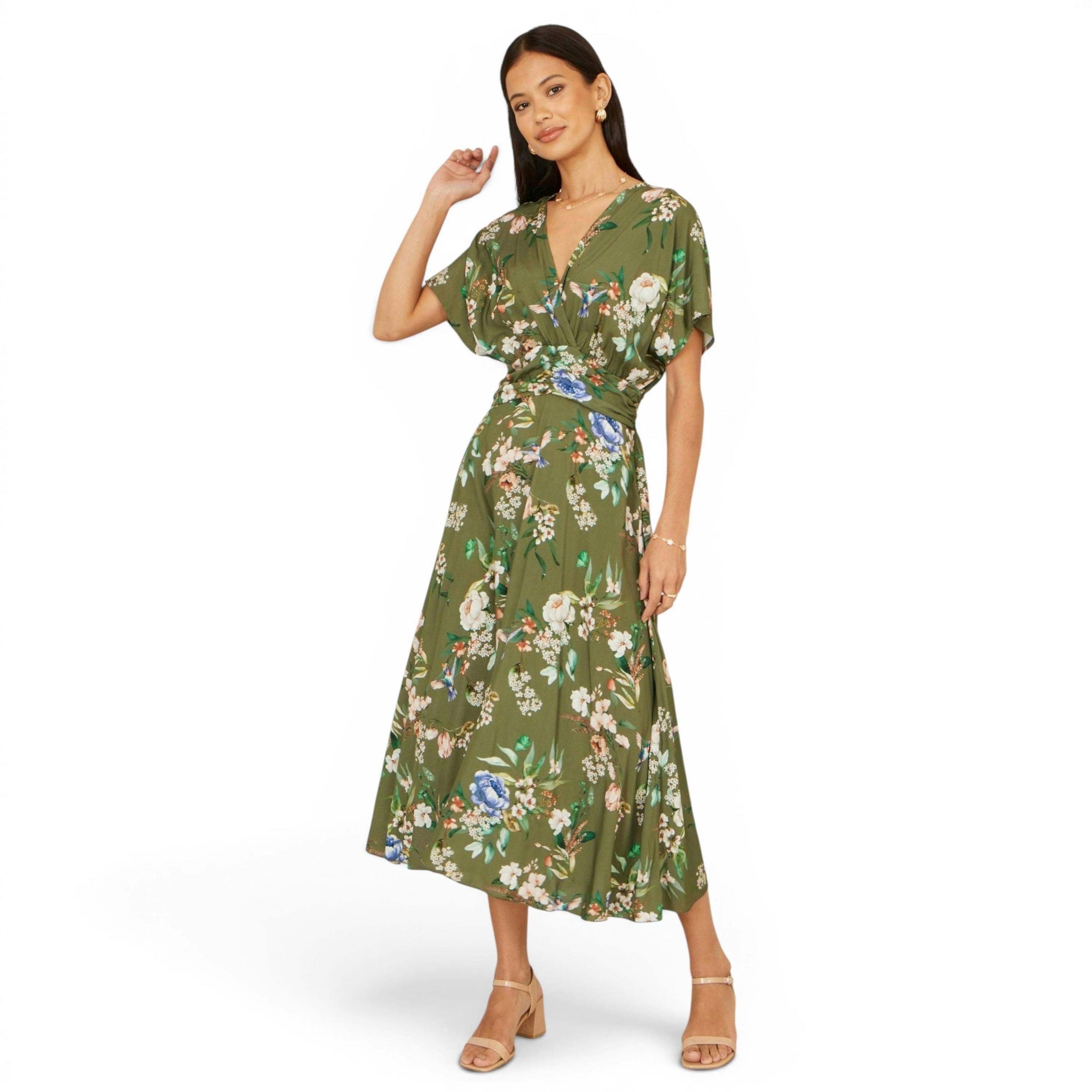 Yumi Sage Green Viscose Floral Print Midi Dress With Ruched Waist , view 1 of 6