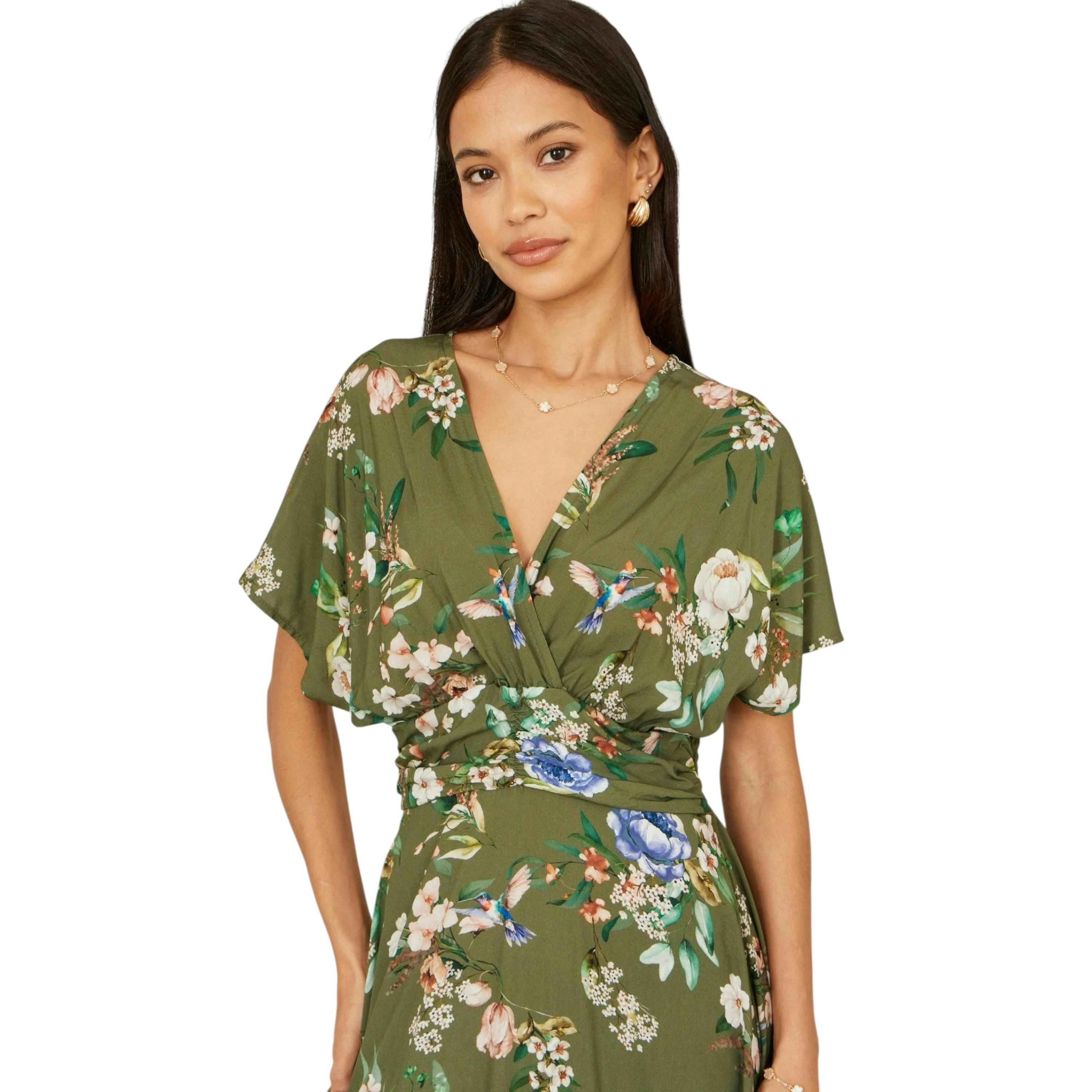 Yumi Sage Green Viscose Floral Print Midi Dress With Ruched Waist , view 2 of 6