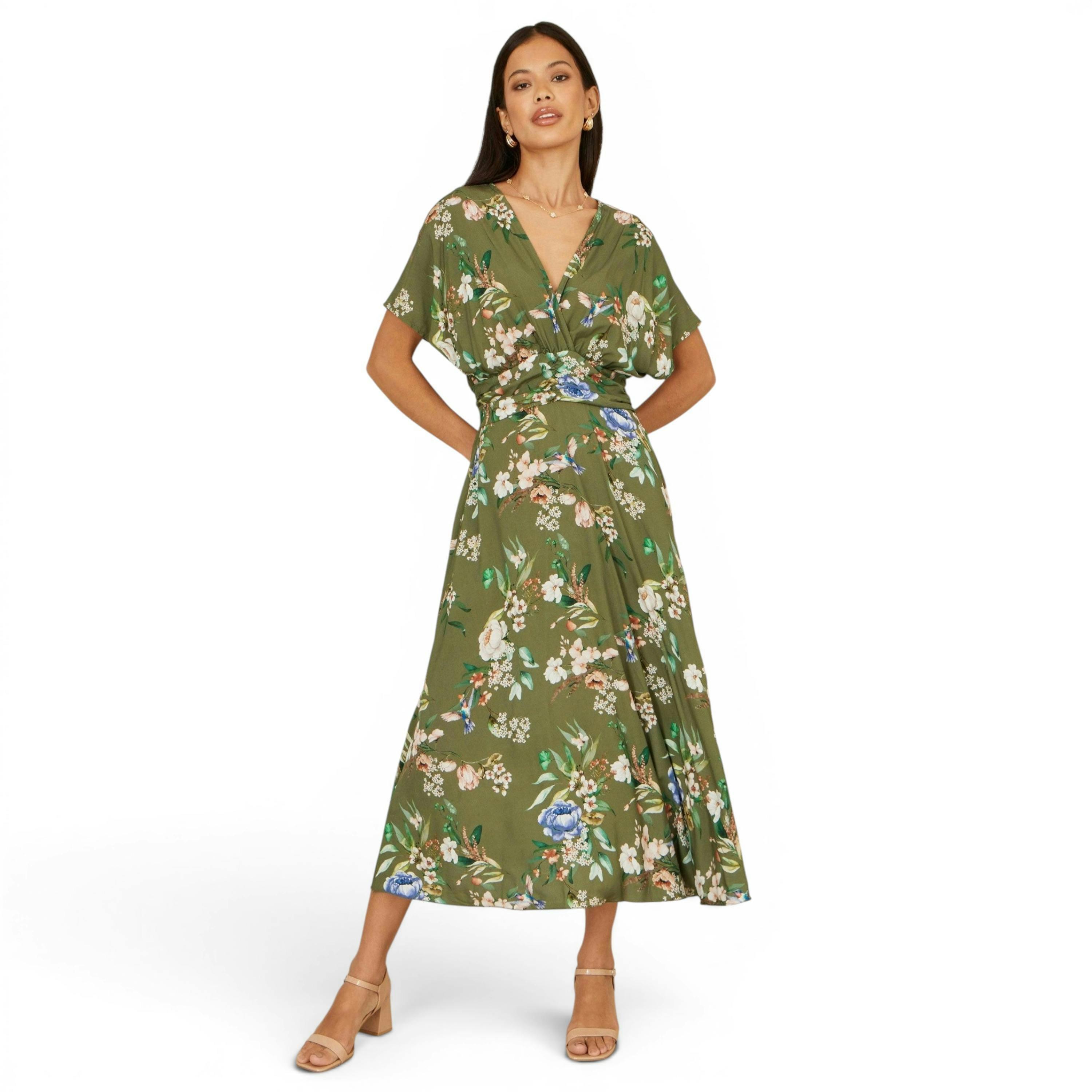 Yumi Sage Green Viscose Floral Print Midi Dress With Ruched Waist , view 3 of 6