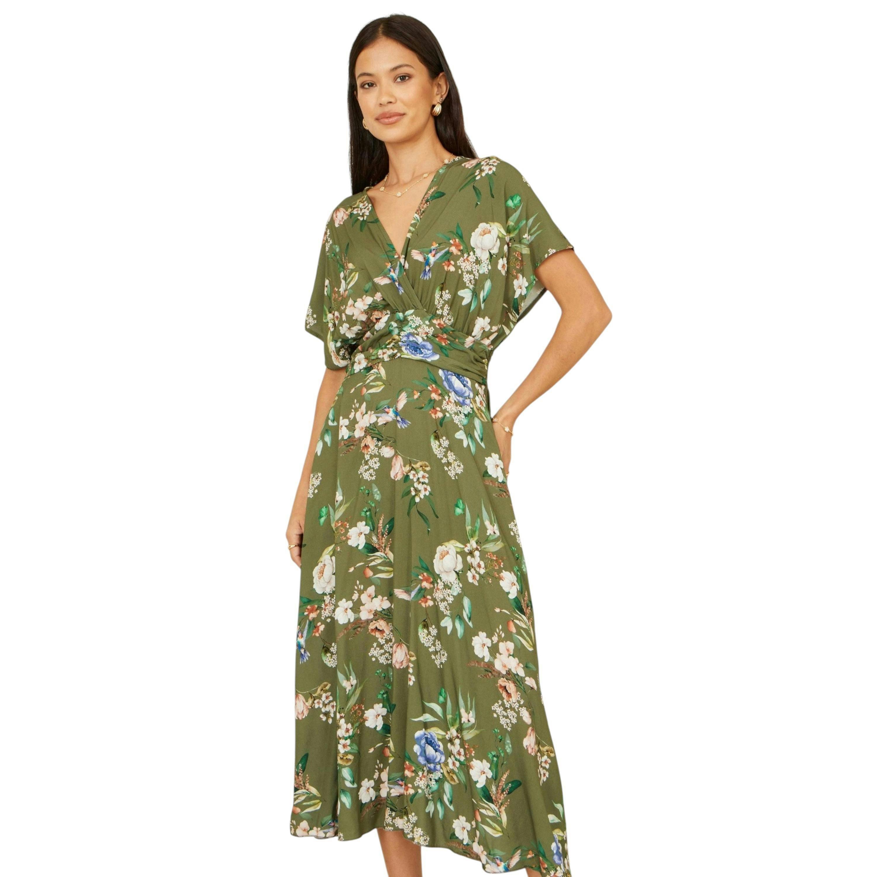 Yumi Sage Green Viscose Floral Print Midi Dress With Ruched Waist , view 4 of 6