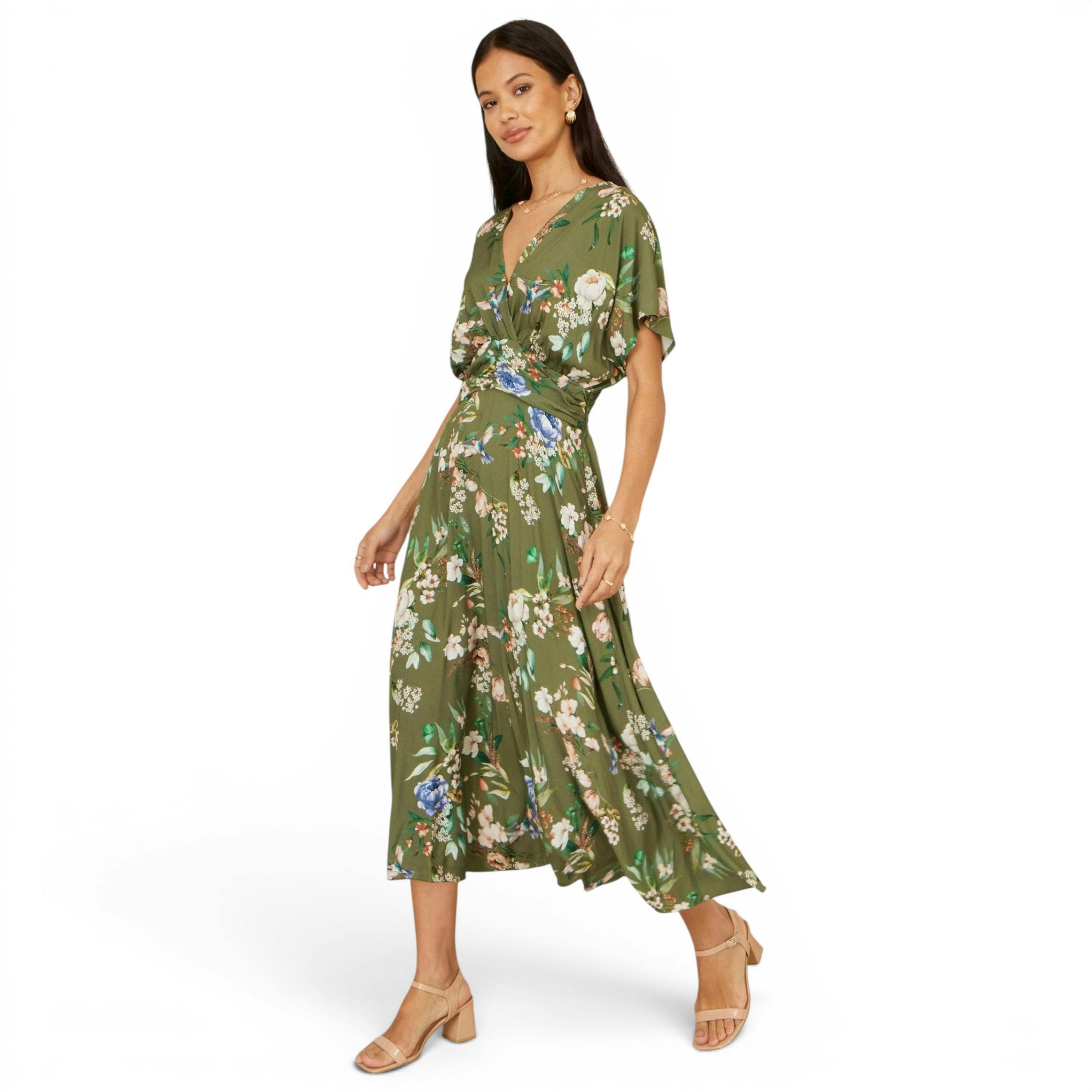 Yumi Sage Green Viscose Floral Print Midi Dress With Ruched Waist , view 5 of 6