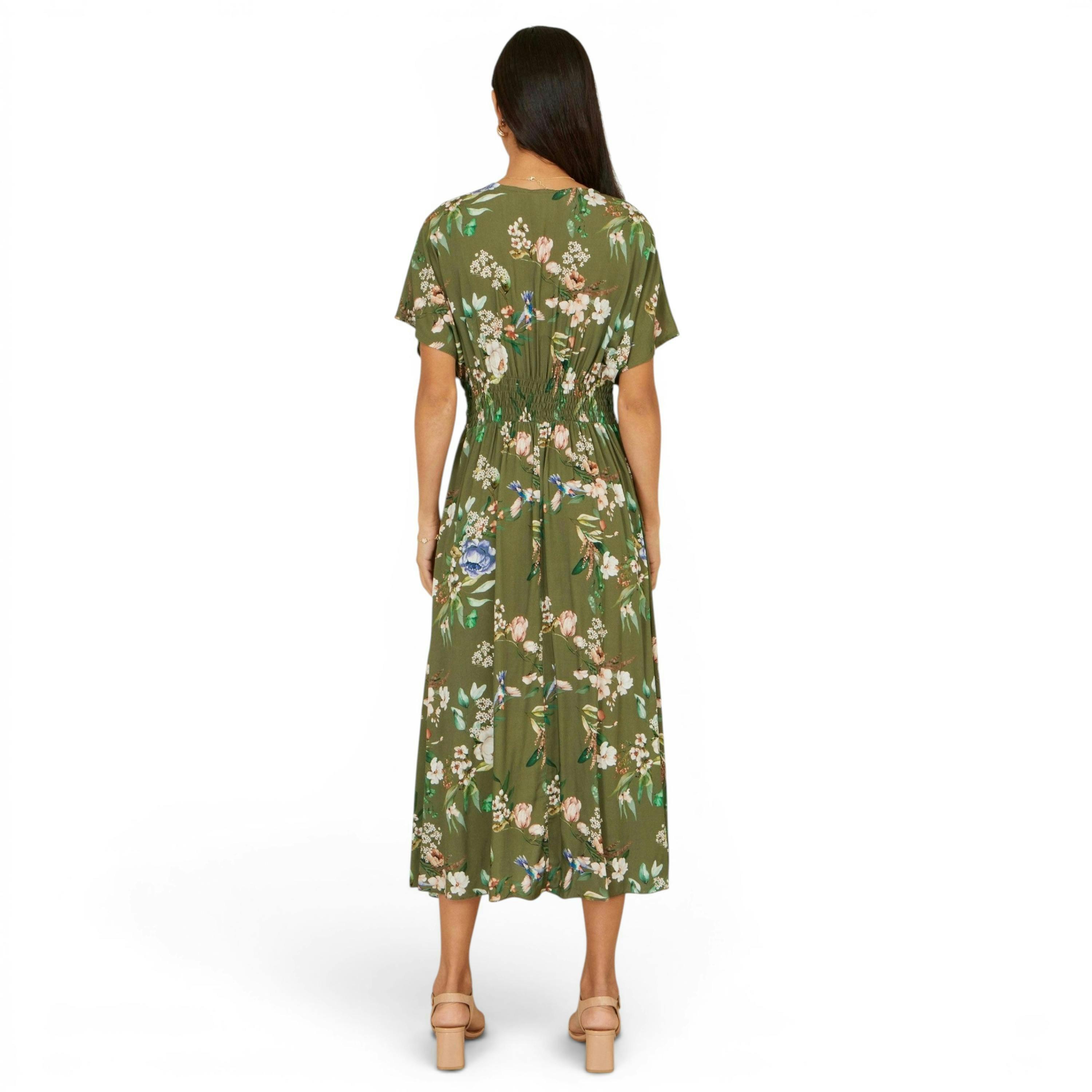 Yumi Sage Green Viscose Floral Print Midi Dress With Ruched Waist , view 6 of 6