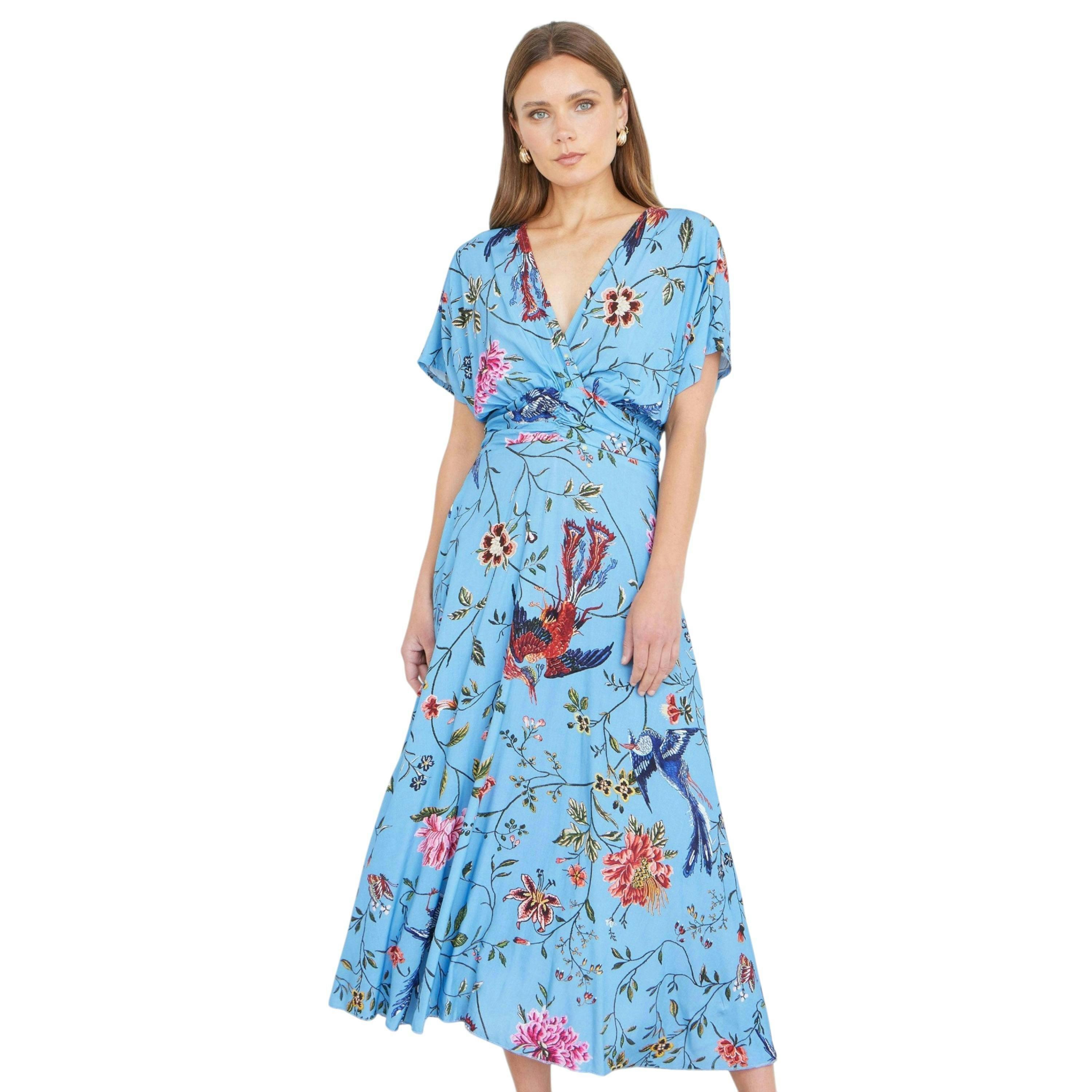 Yumi Blue Viscose Bird And Floral Print Midi Dress With Ruched Waist , view 1 of 6