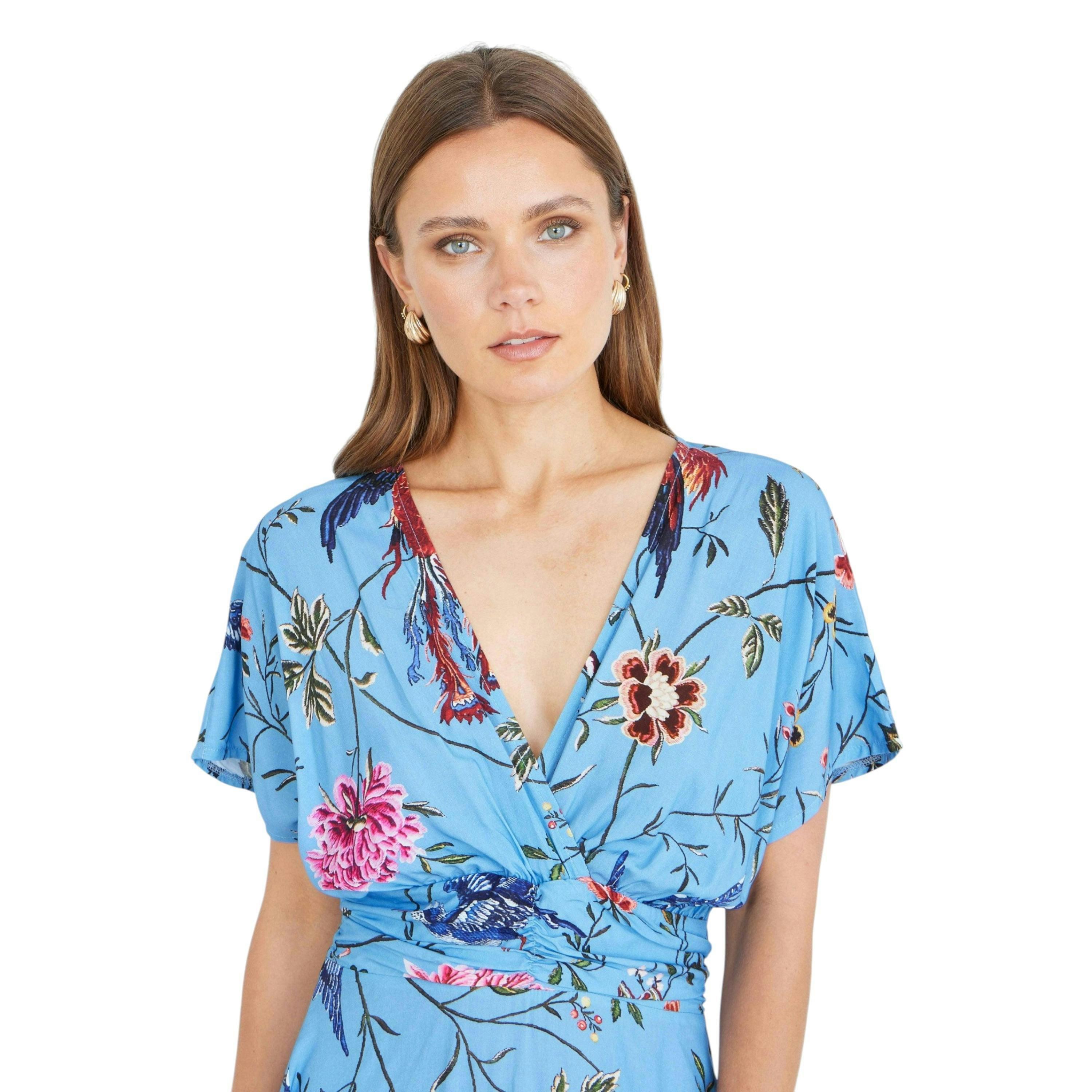 Yumi Blue Viscose Bird And Floral Print Midi Dress With Ruched Waist , view 2 of 6