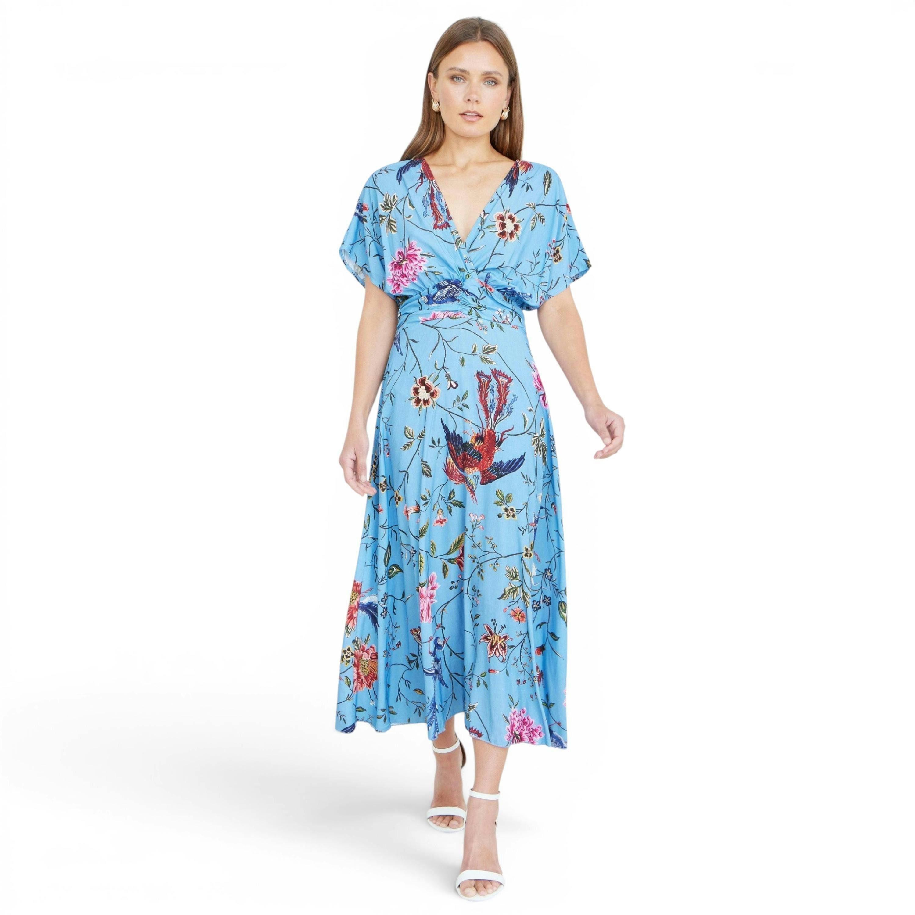 Yumi Blue Viscose Bird And Floral Print Midi Dress With Ruched Waist , view 3 of 6