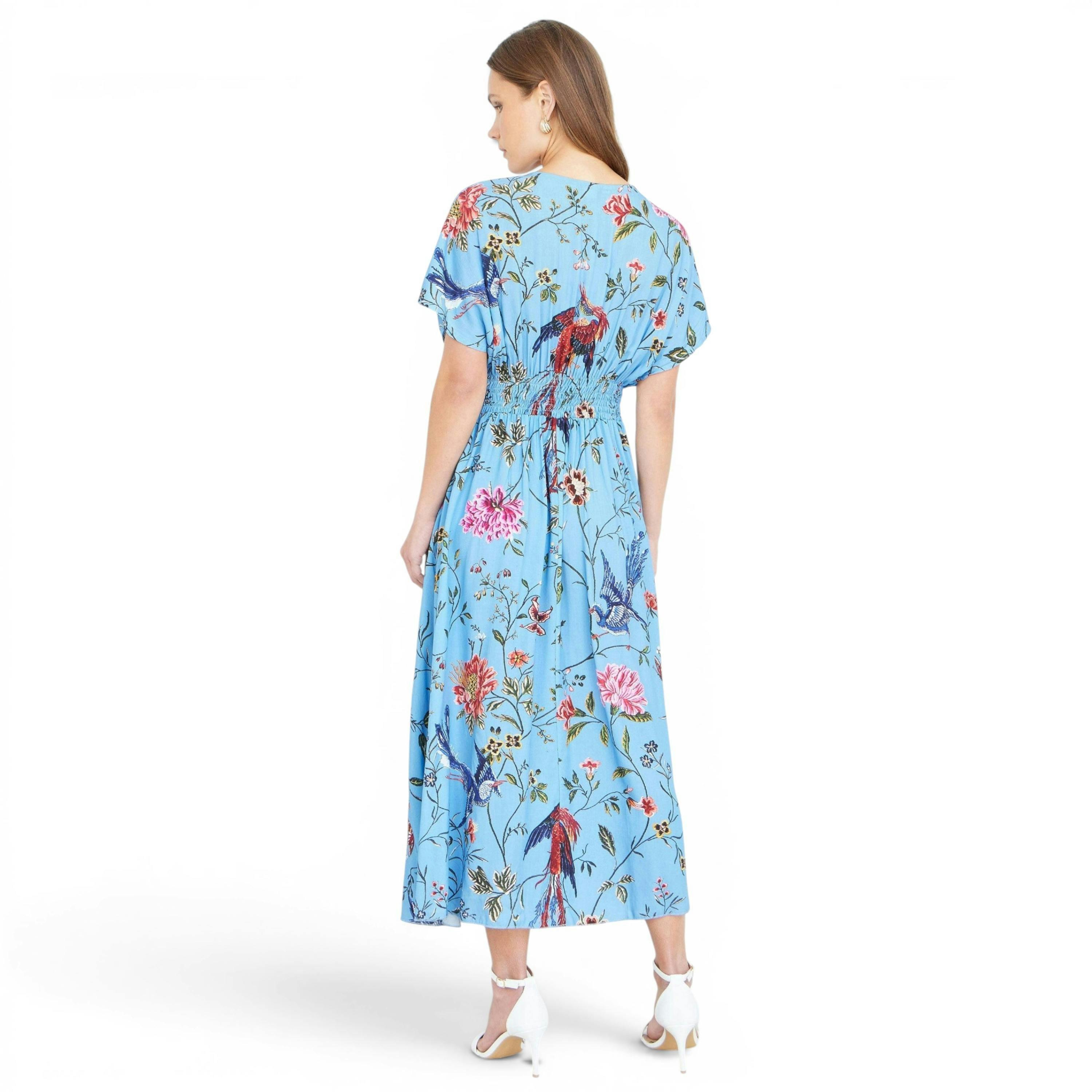 Yumi Blue Viscose Bird And Floral Print Midi Dress With Ruched Waist , view 4 of 6