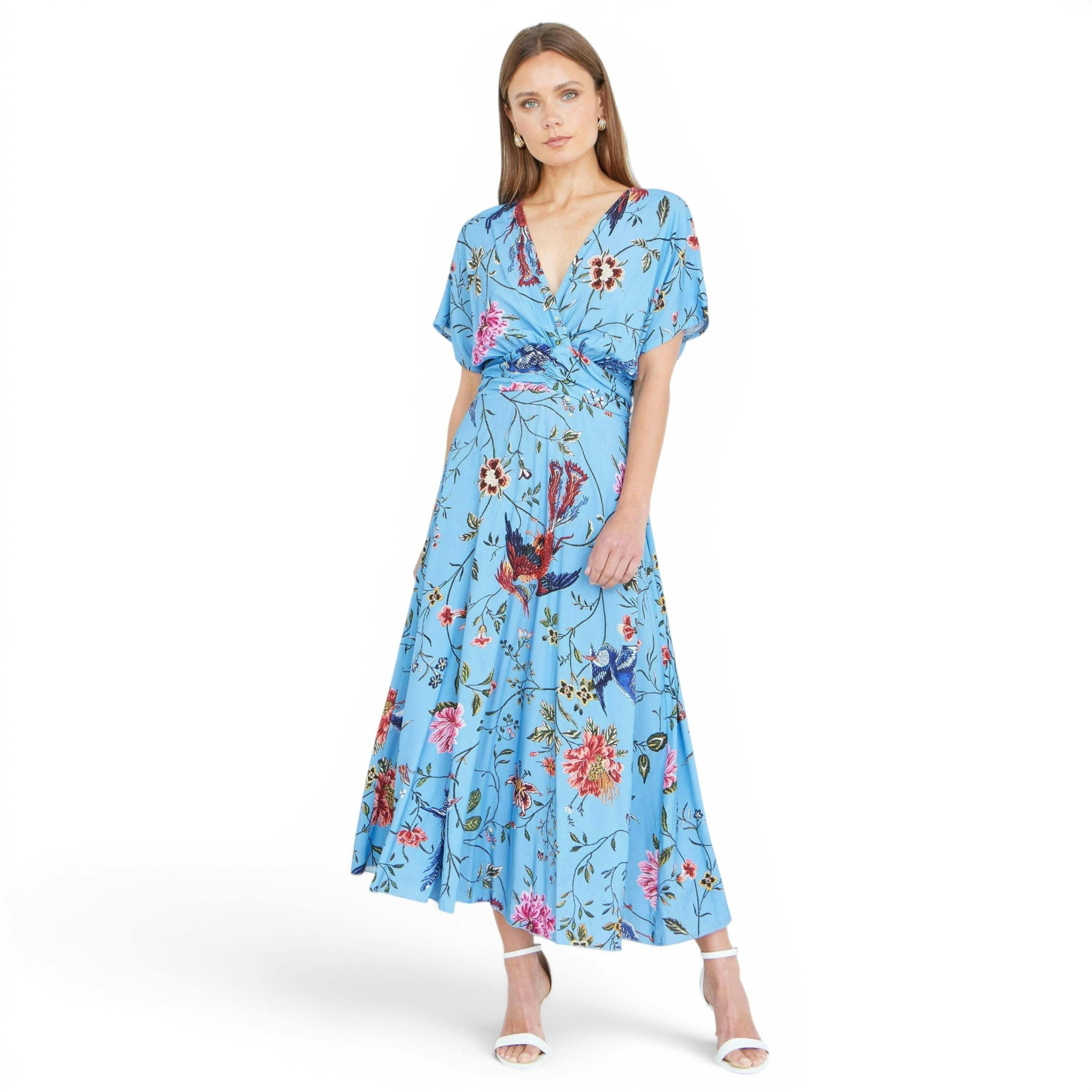 Yumi Blue Viscose Bird And Floral Print Midi Dress With Ruched Waist , view 5 of 6