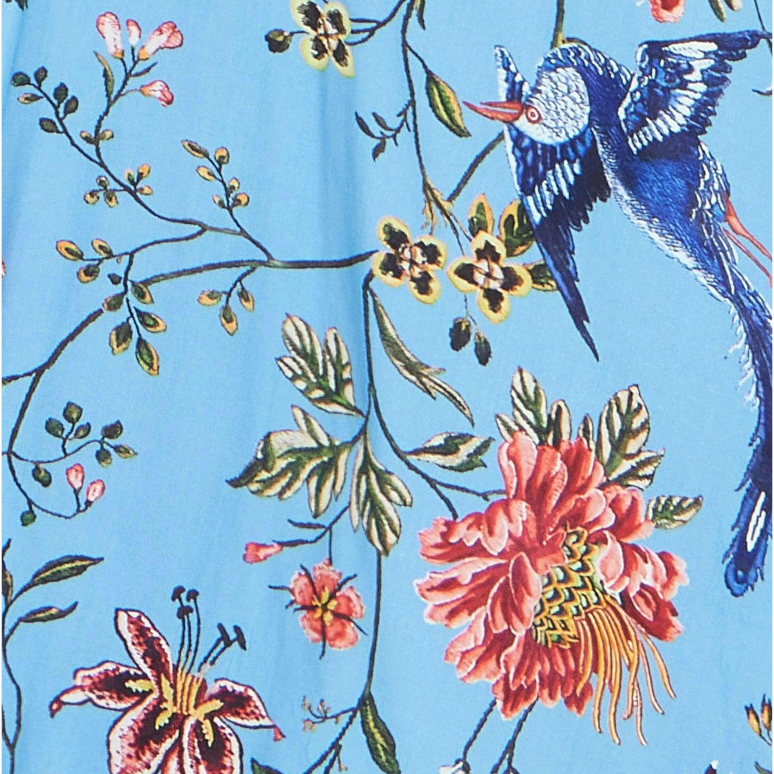 Yumi Blue Viscose Bird And Floral Print Midi Dress With Ruched Waist , view 6 of 6
