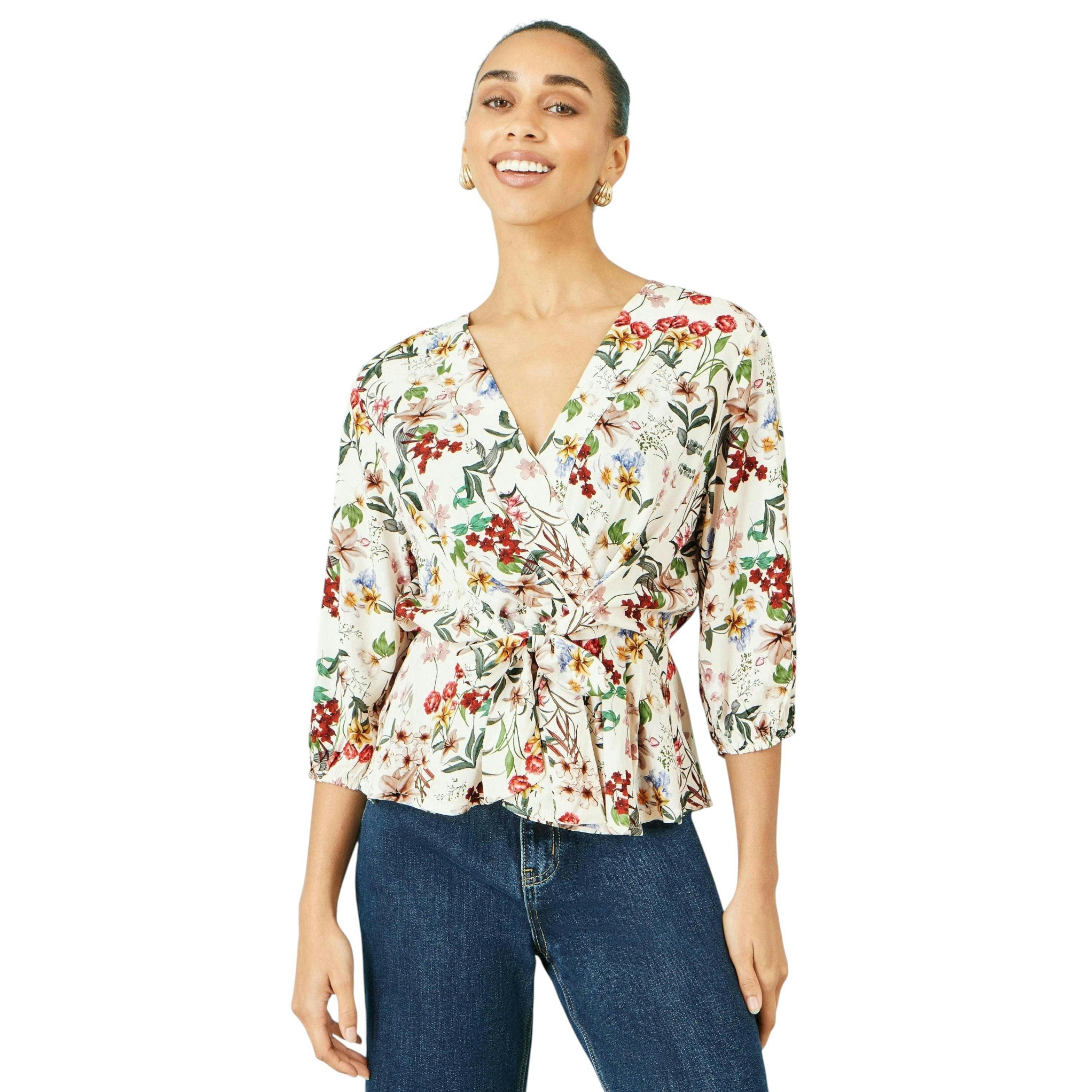 Yumi Ivory Viscose Botanical Print Wrap Top , view 1 of 4