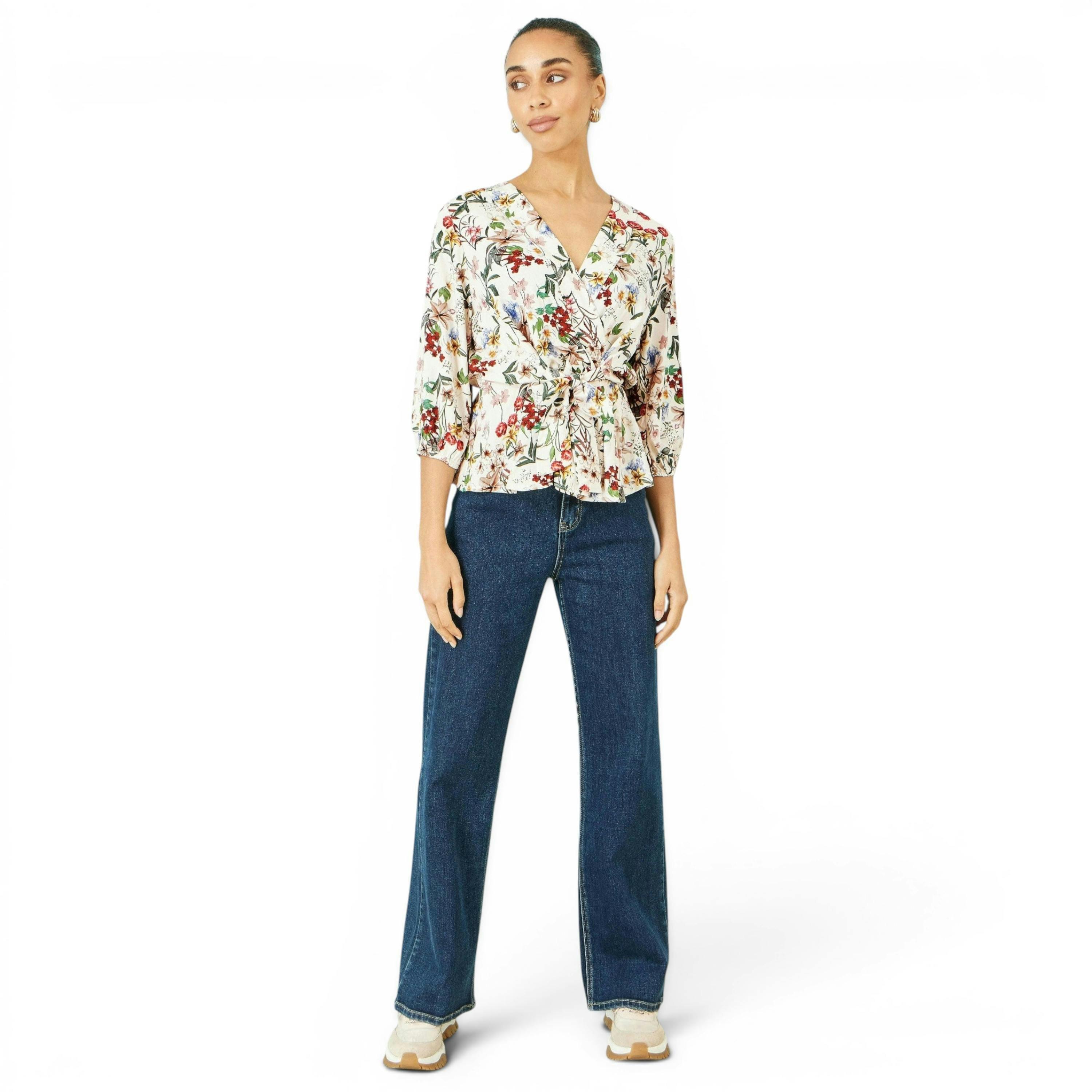Yumi Ivory Viscose Botanical Print Wrap Top , view 2 of 4