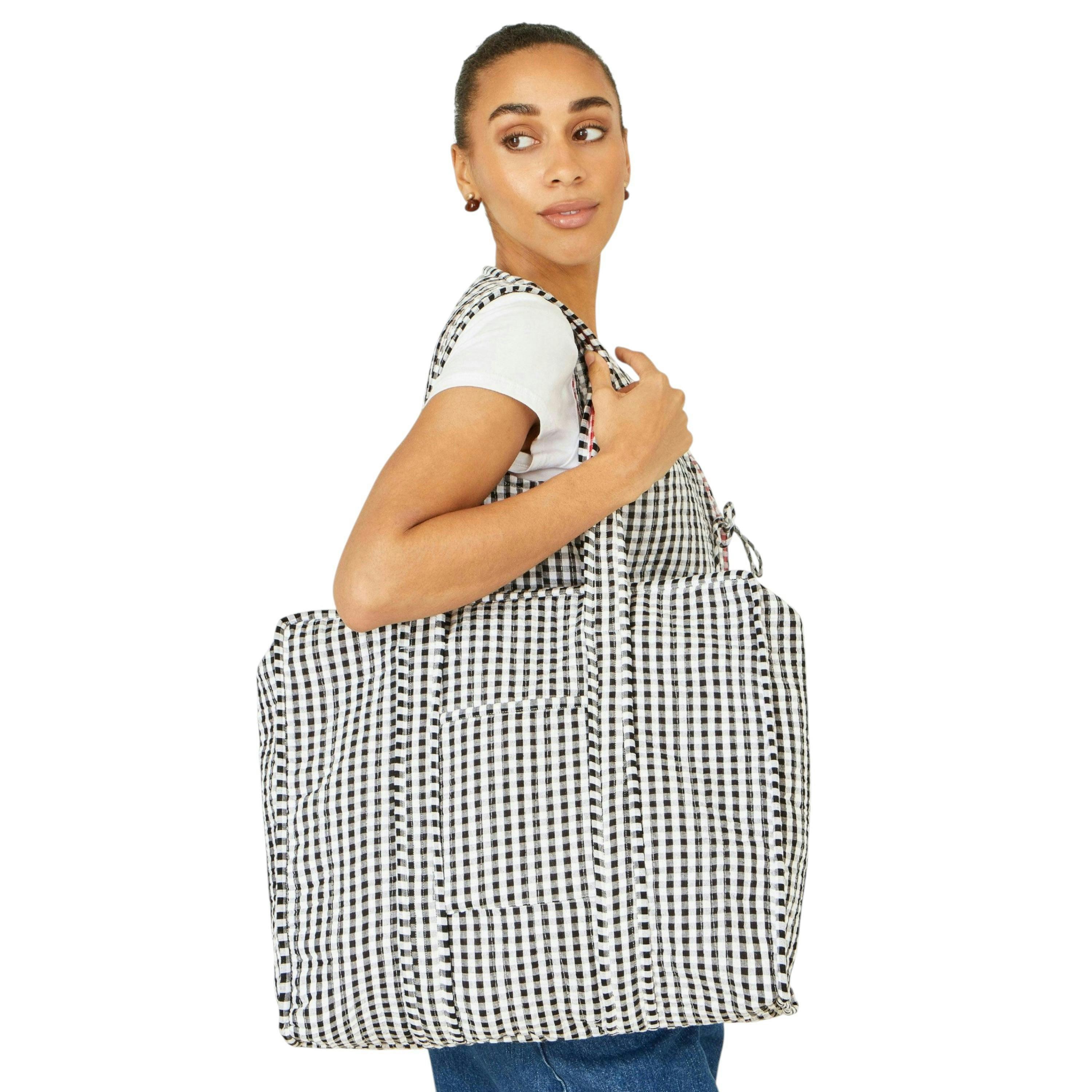Yumi Black Gingham Quilted Shopper Bag , view 1 of 6