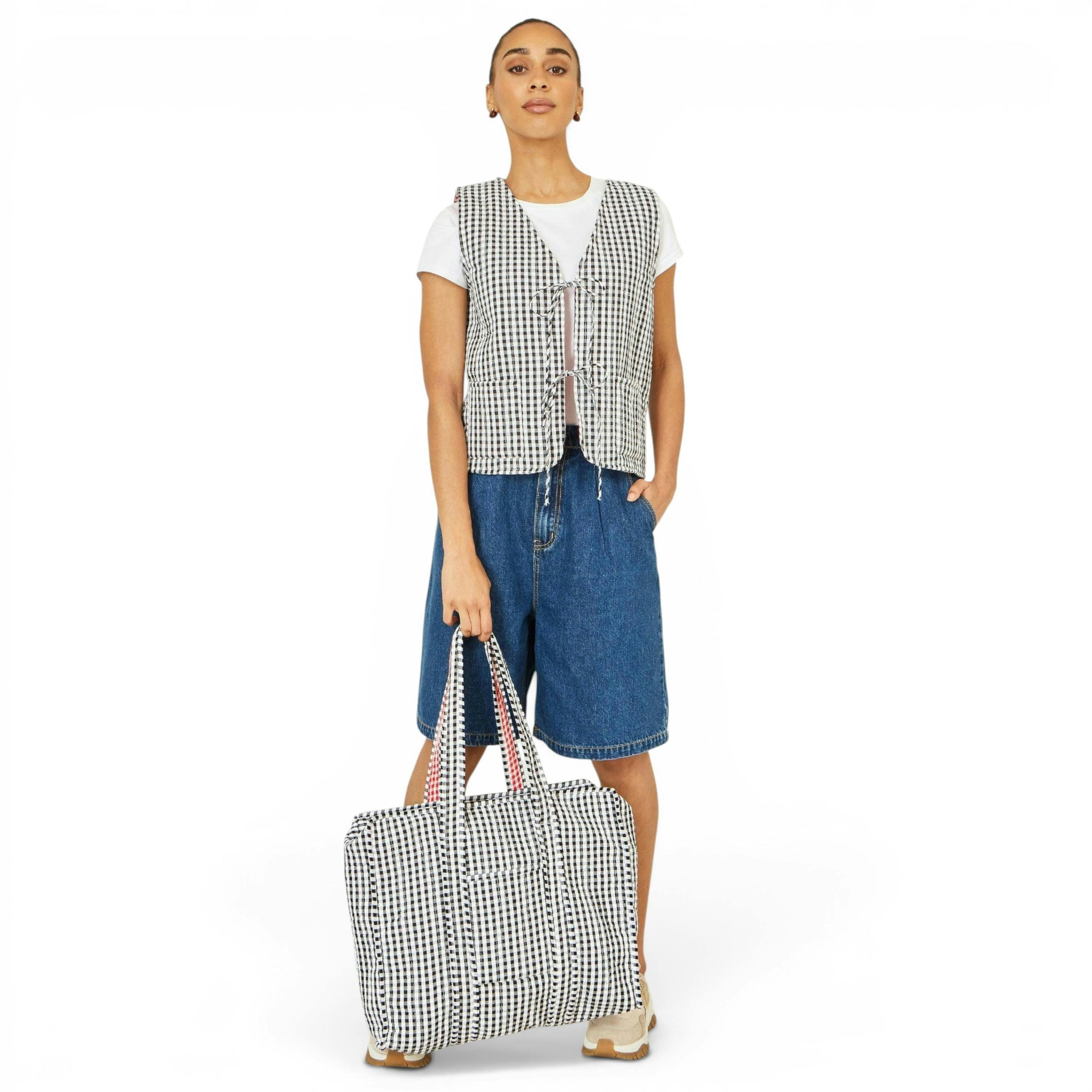 Yumi Black Gingham Quilted Shopper Bag , view 2 of 6