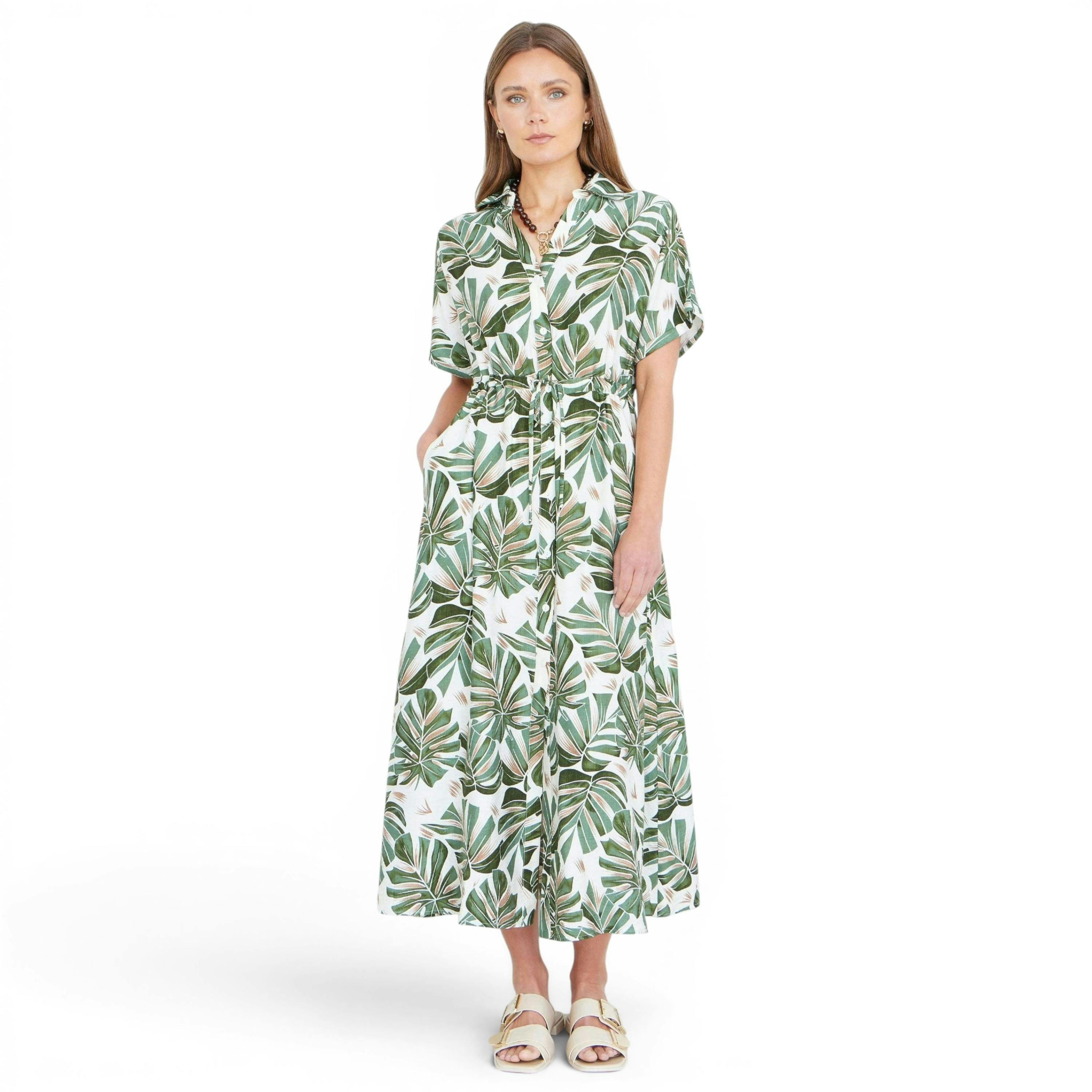 Yumi Green Viscose Leaf Print Relaxed Midi Dress , view 1 of 6