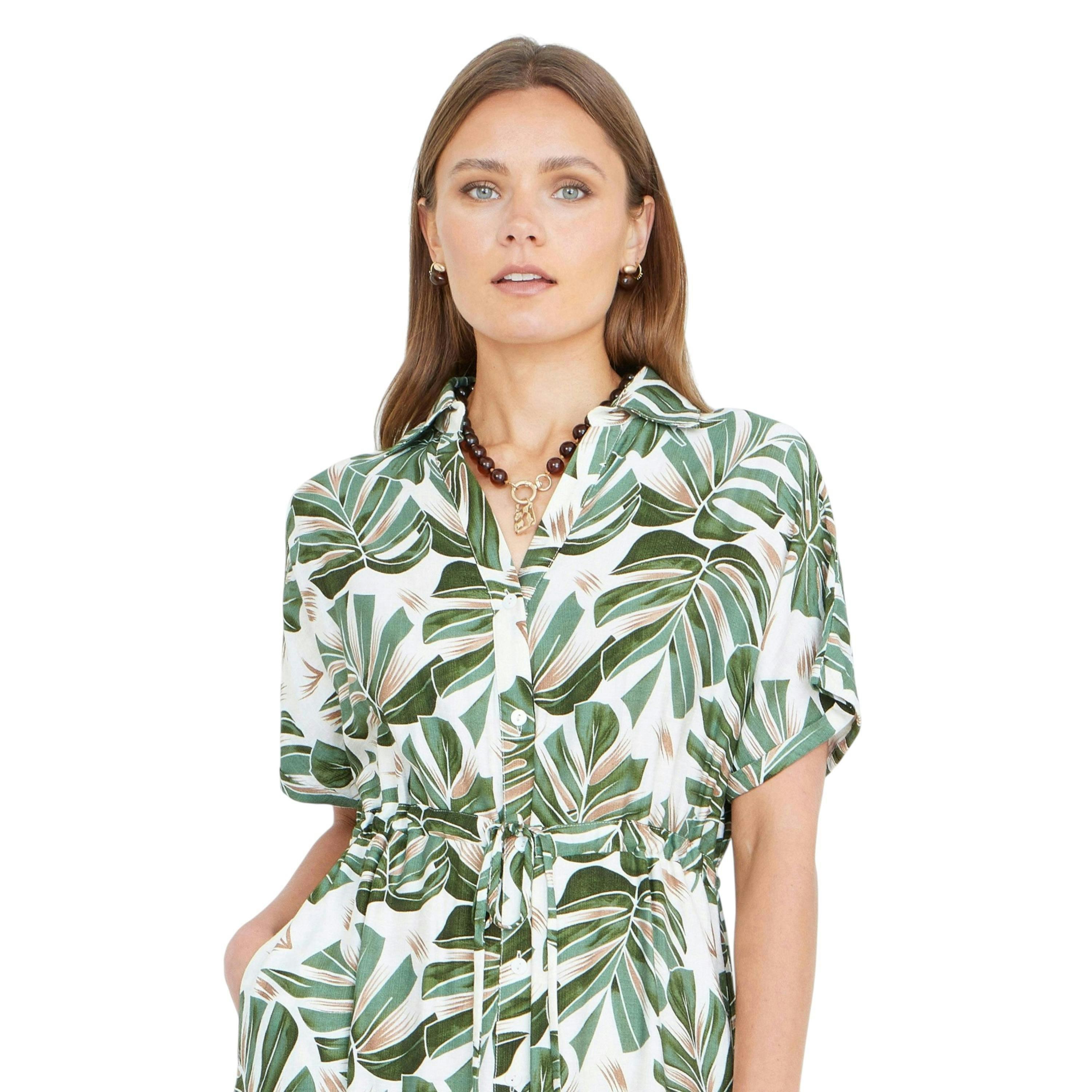 Yumi Green Viscose Leaf Print Relaxed Midi Dress , view 2 of 6