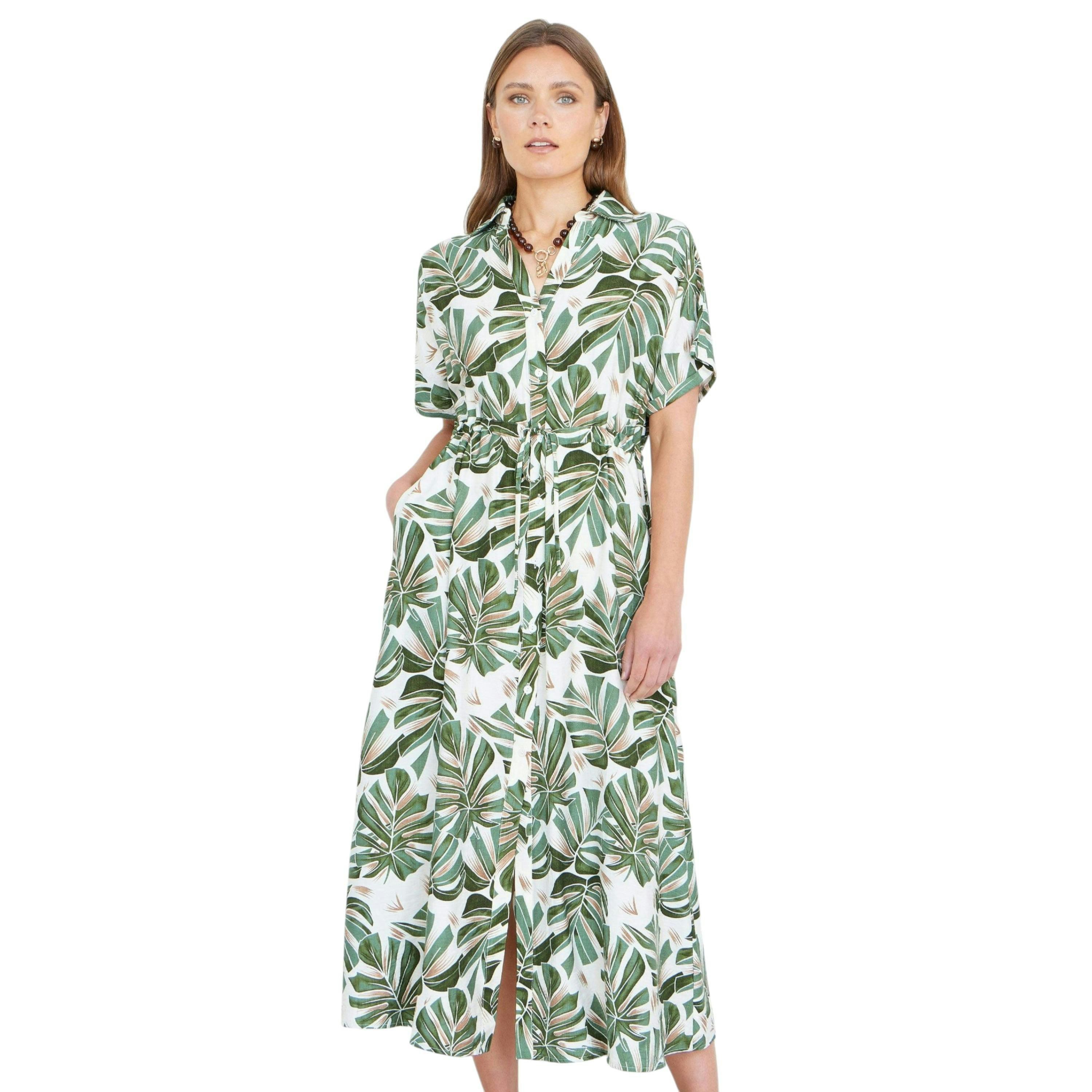 Yumi Green Viscose Leaf Print Relaxed Midi Dress , view 3 of 6