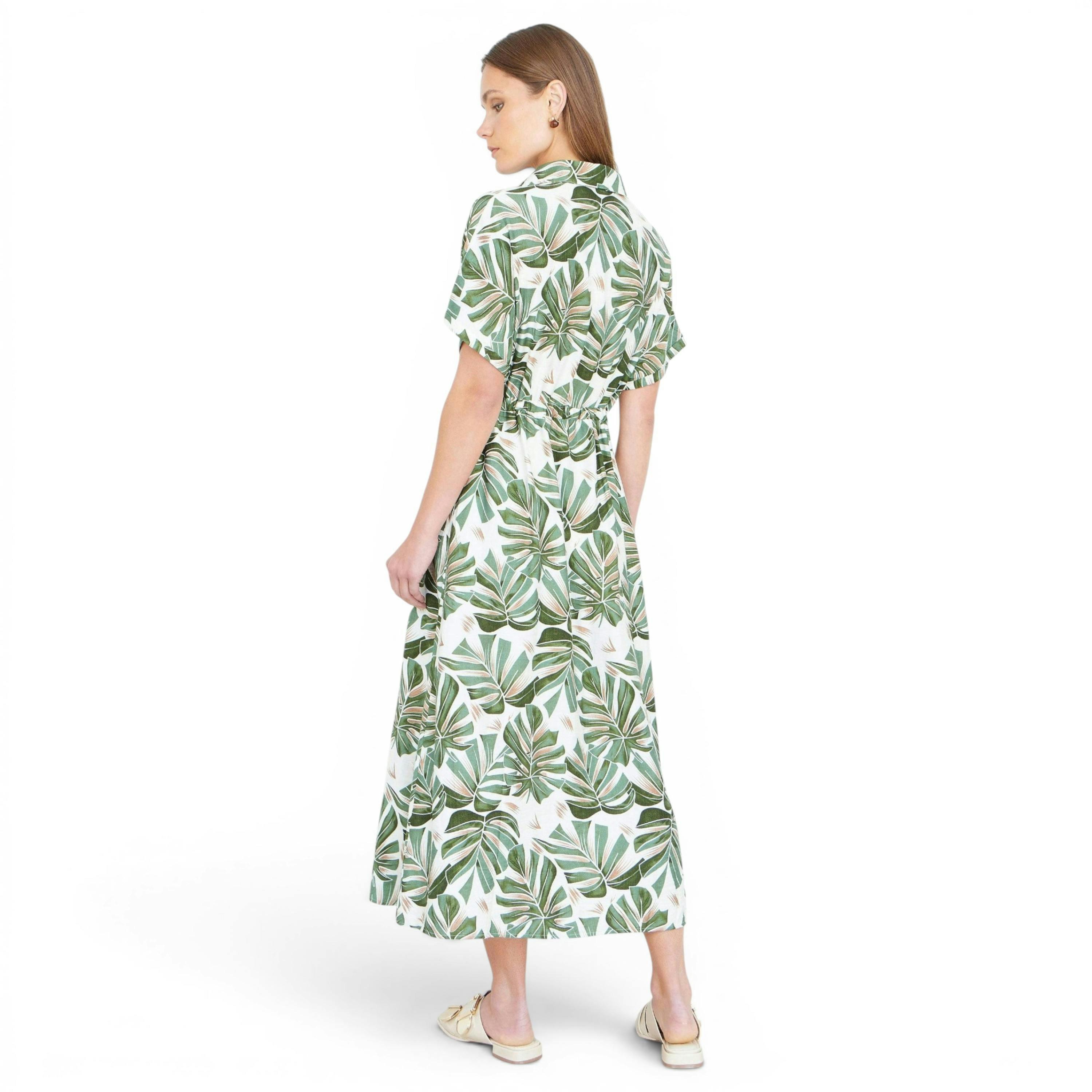 Yumi Green Viscose Leaf Print Relaxed Midi Dress , view 4 of 6