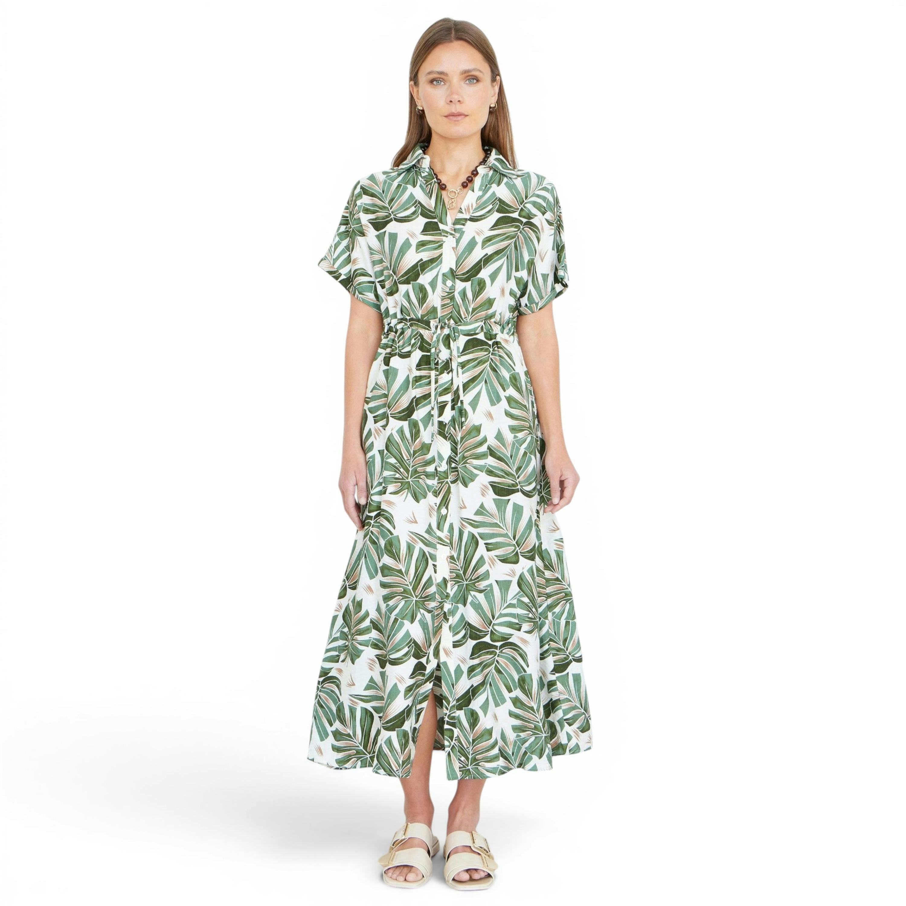 Yumi Green Viscose Leaf Print Relaxed Midi Dress , view 5 of 6