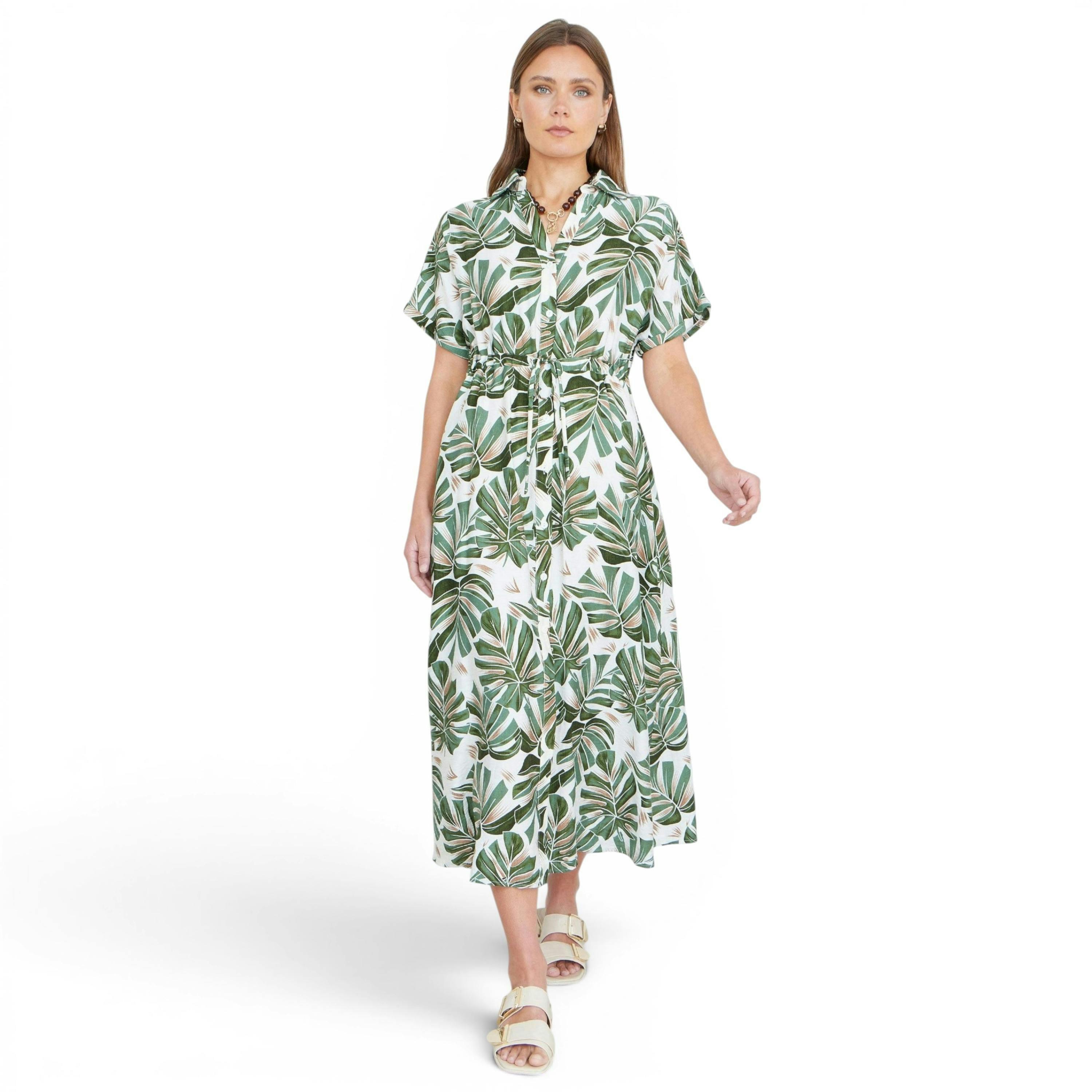 Yumi Green Viscose Leaf Print Relaxed Midi Dress , view 6 of 6