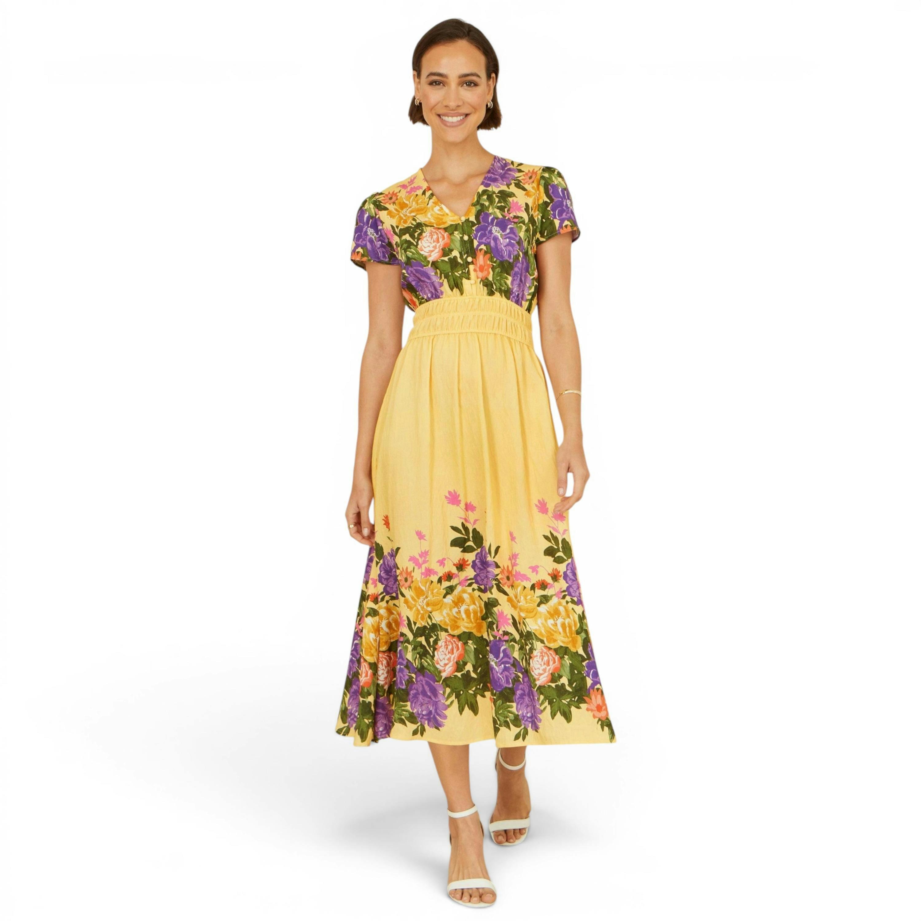 Yumi Butter Yellow Floral Mirror Print Viscose Midi Dress , view 1 of 6