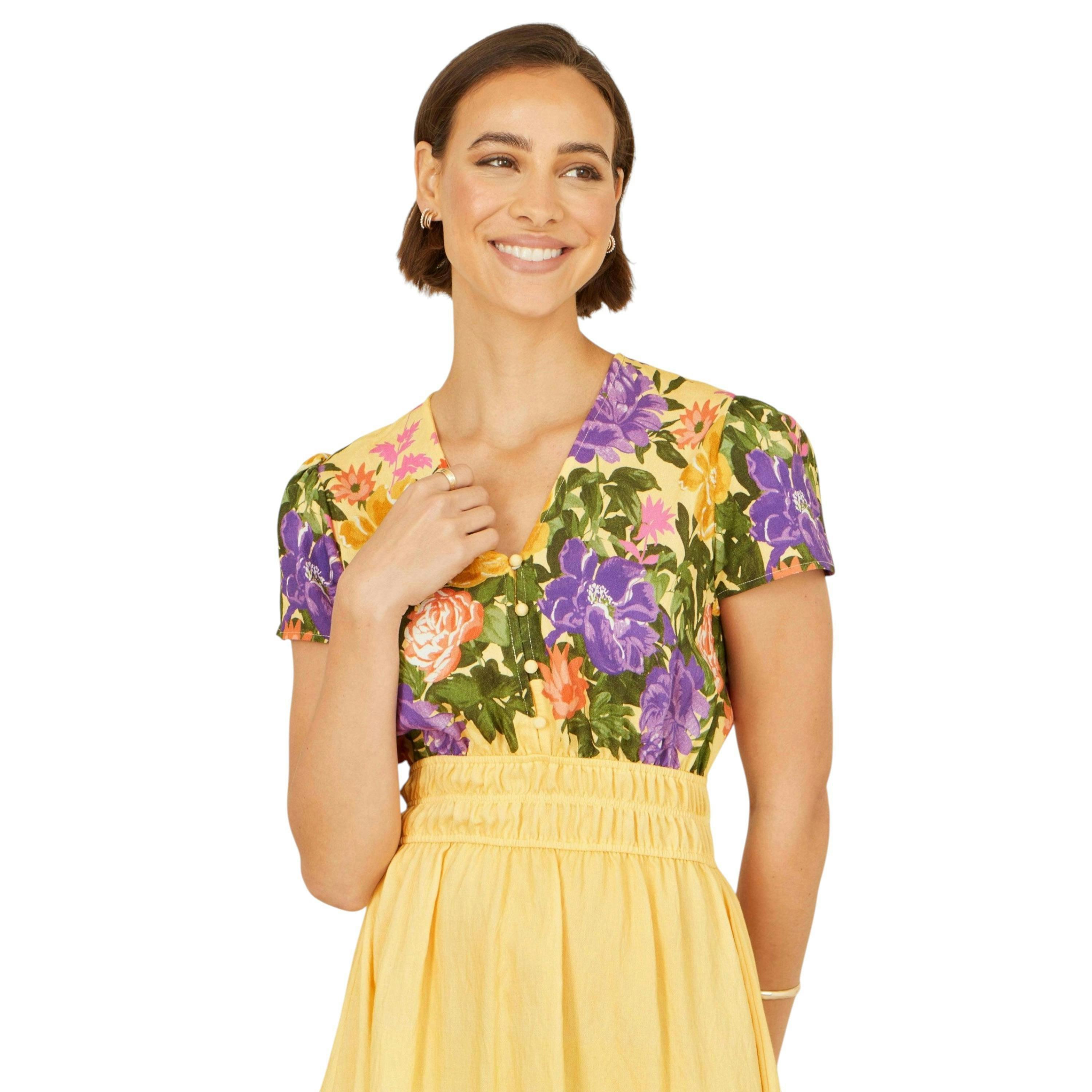 Yumi Butter Yellow Floral Mirror Print Viscose Midi Dress , view 2 of 6