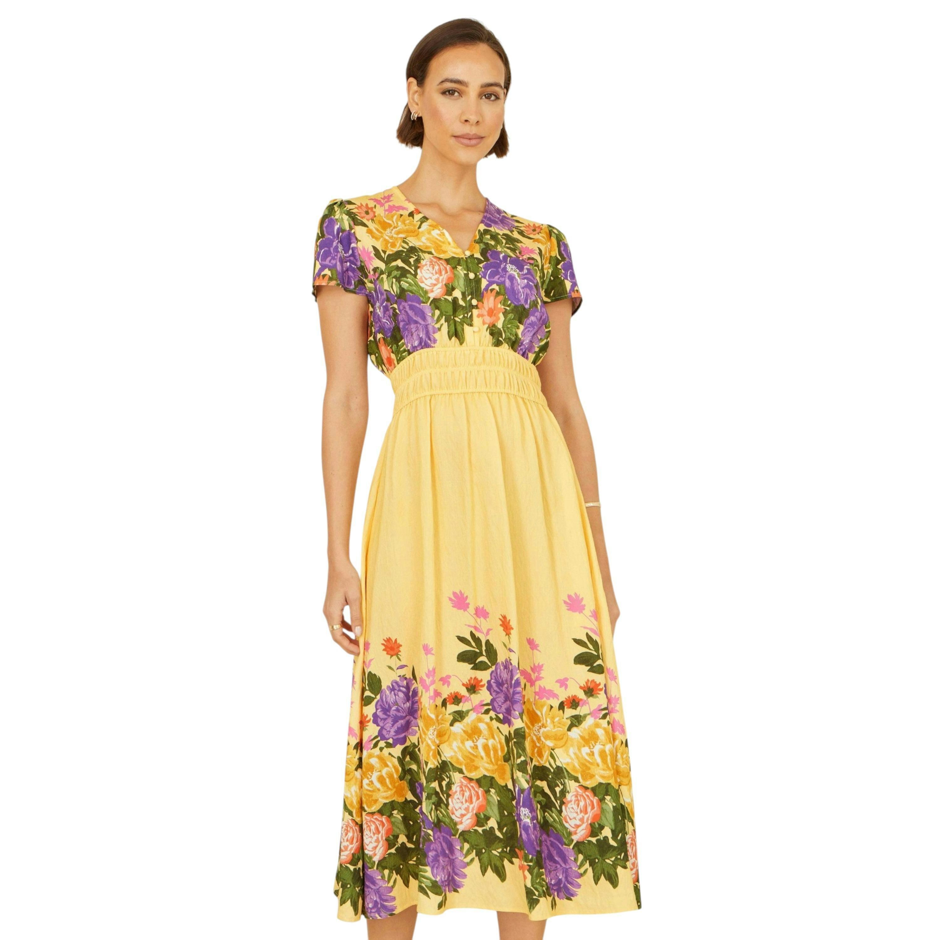Yumi Butter Yellow Floral Mirror Print Viscose Midi Dress , view 3 of 6