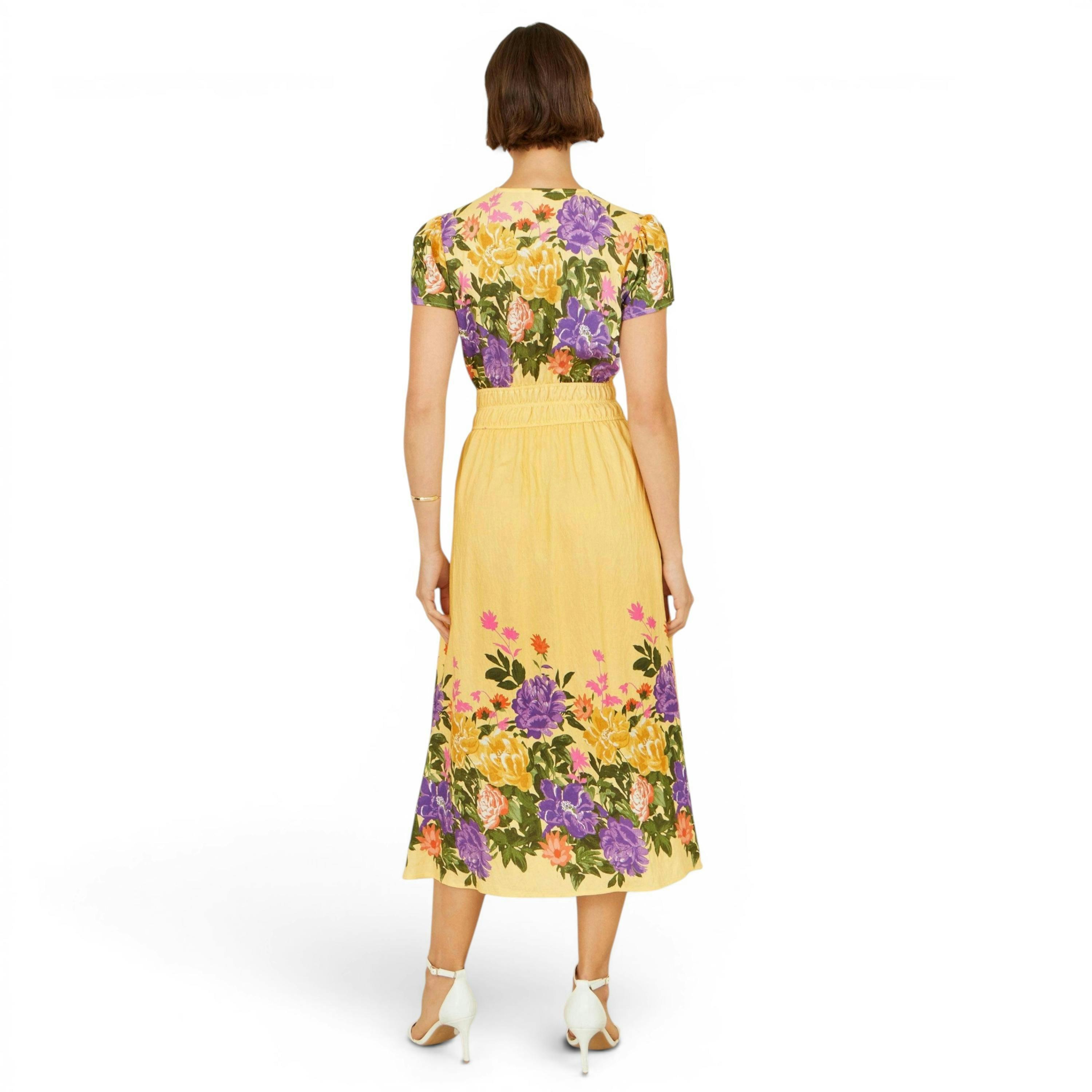 Yumi Butter Yellow Floral Mirror Print Viscose Midi Dress , view 4 of 6