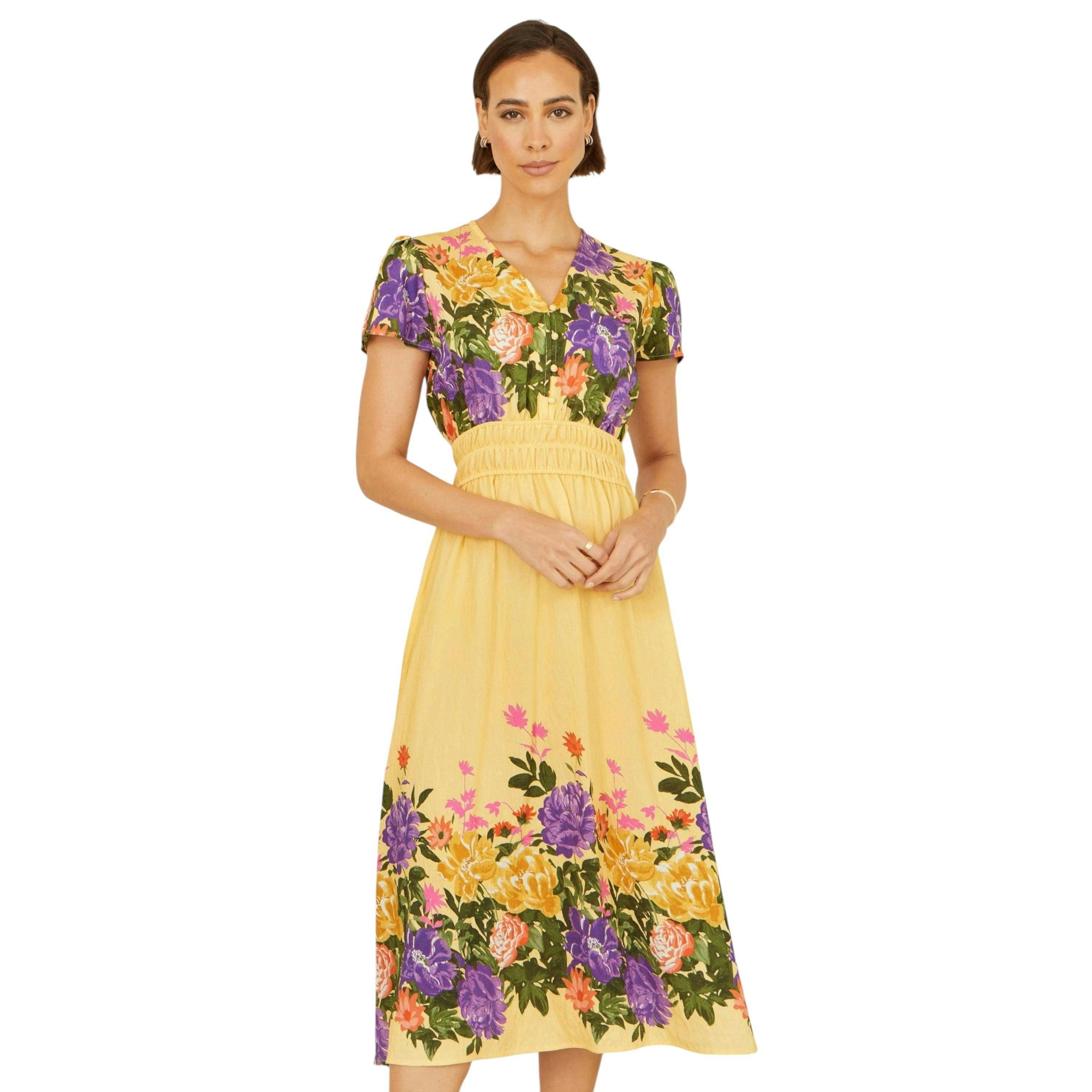 Yumi Butter Yellow Floral Mirror Print Viscose Midi Dress , view 5 of 6