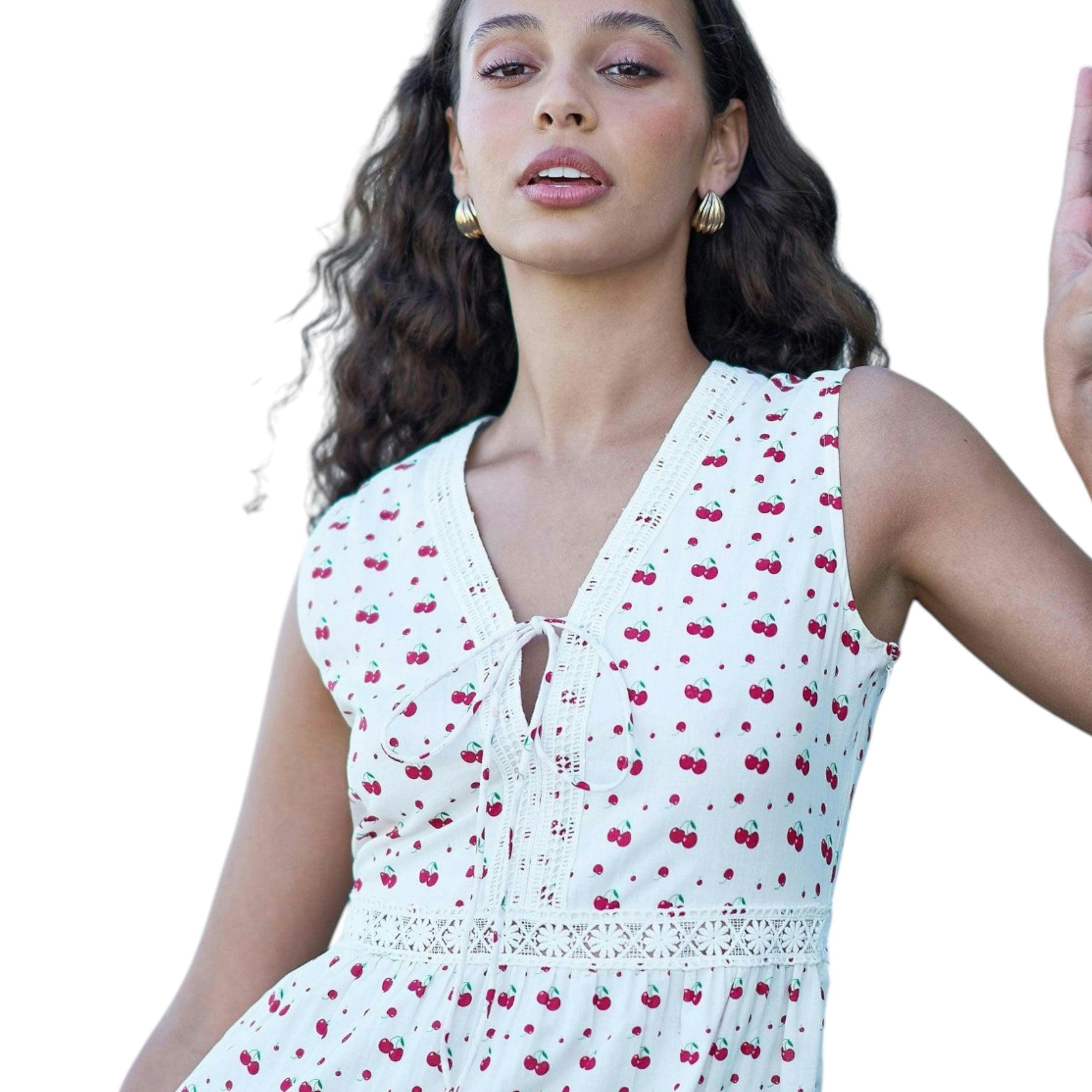 Yumi White Cherry Print Lace Trim Cotton Midi Dress , view 1 of 6