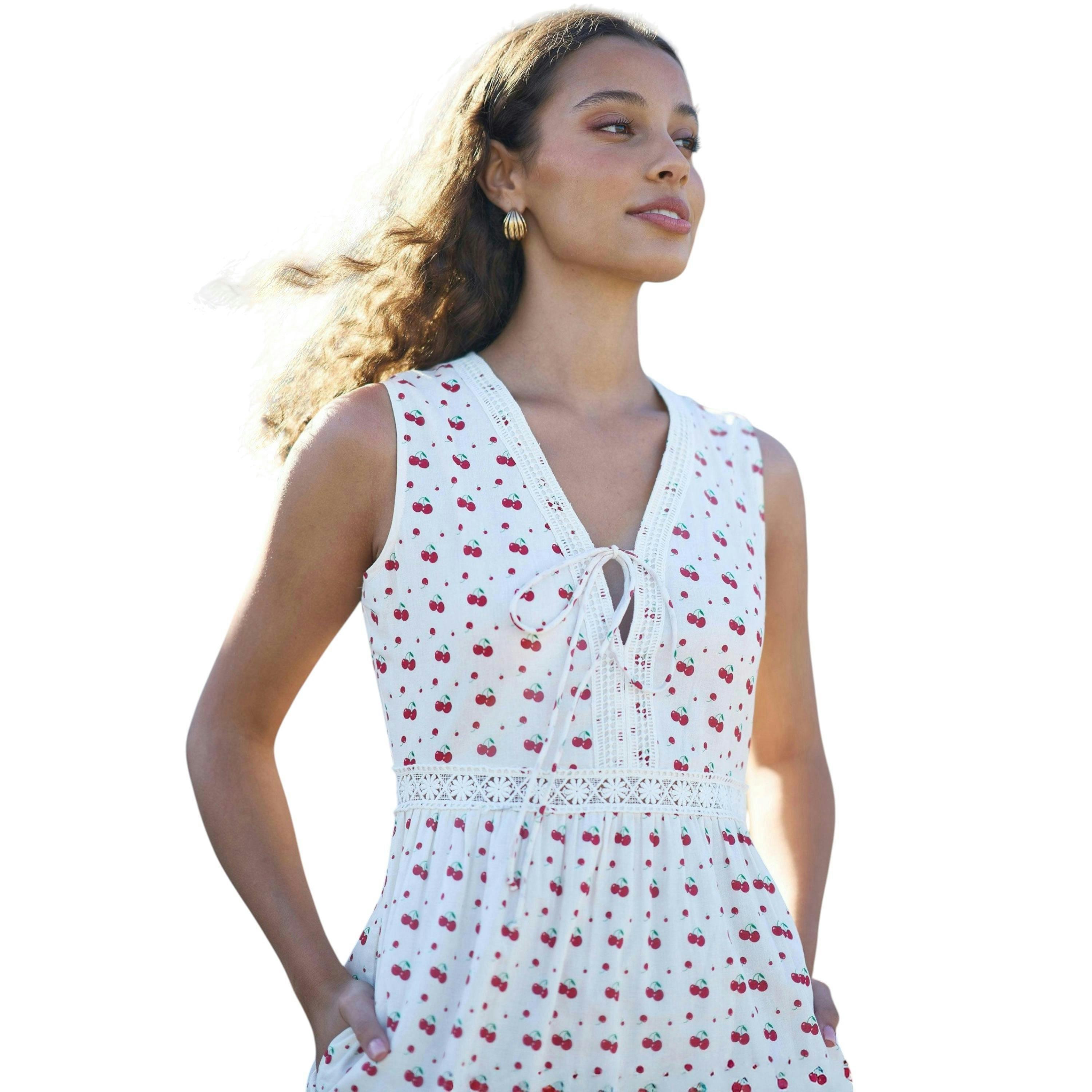Yumi White Cherry Print Lace Trim Cotton Midi Dress , view 2 of 6