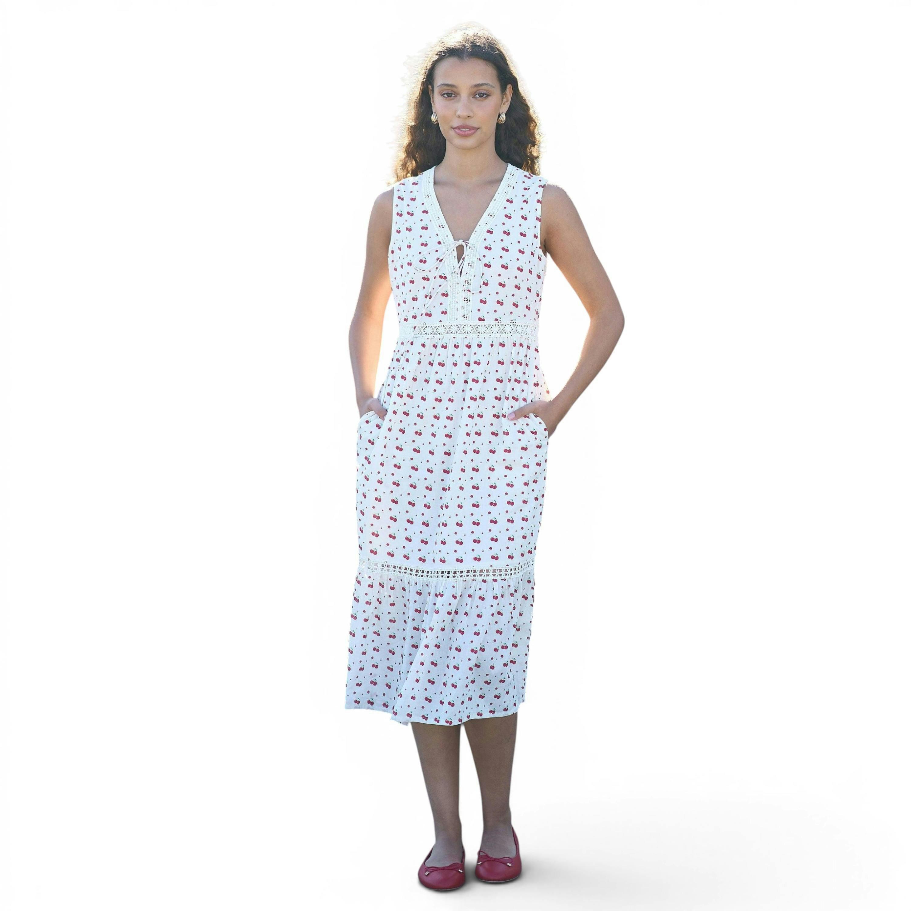 Yumi White Cherry Print Lace Trim Cotton Midi Dress , view 3 of 6