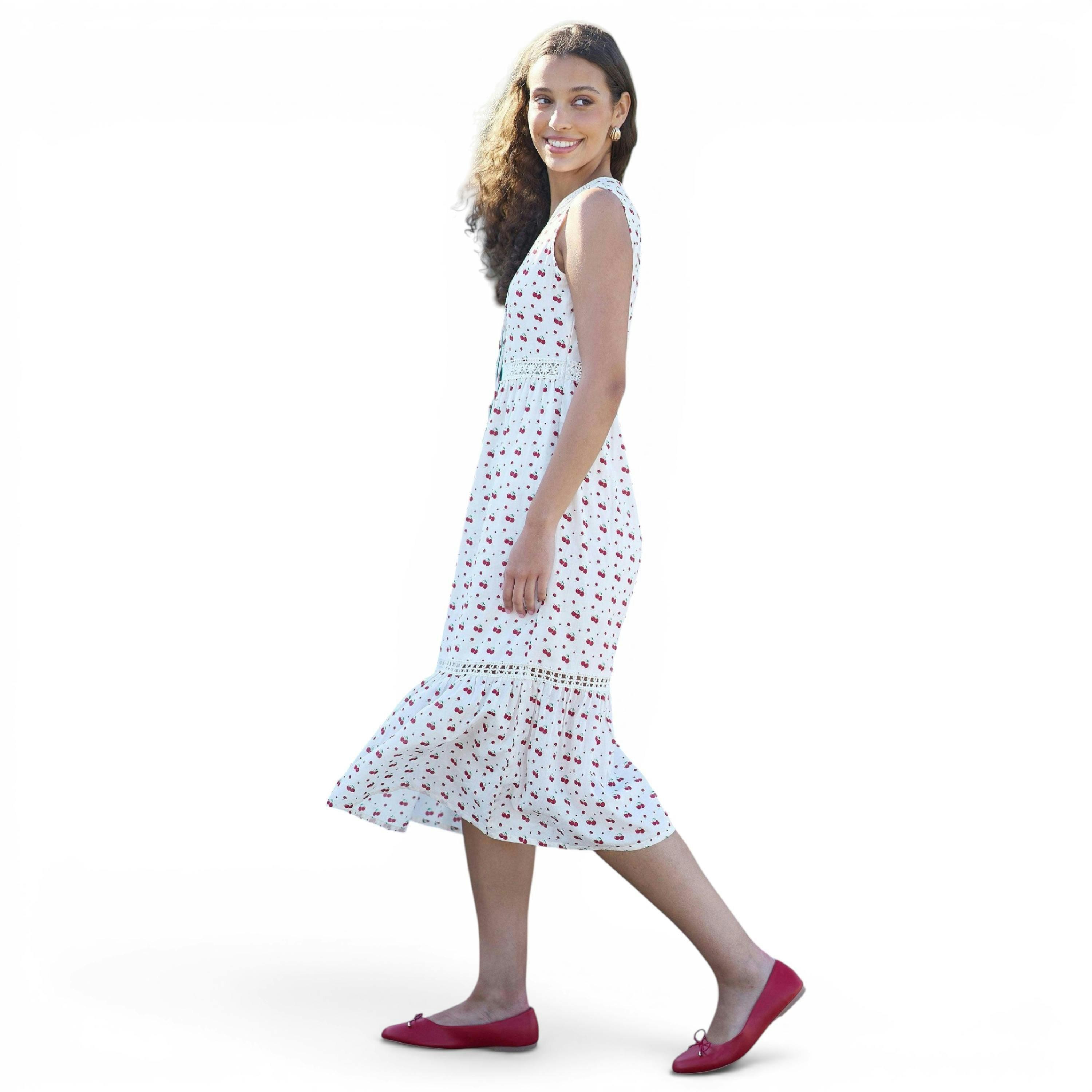 Yumi White Cherry Print Lace Trim Cotton Midi Dress , view 4 of 6