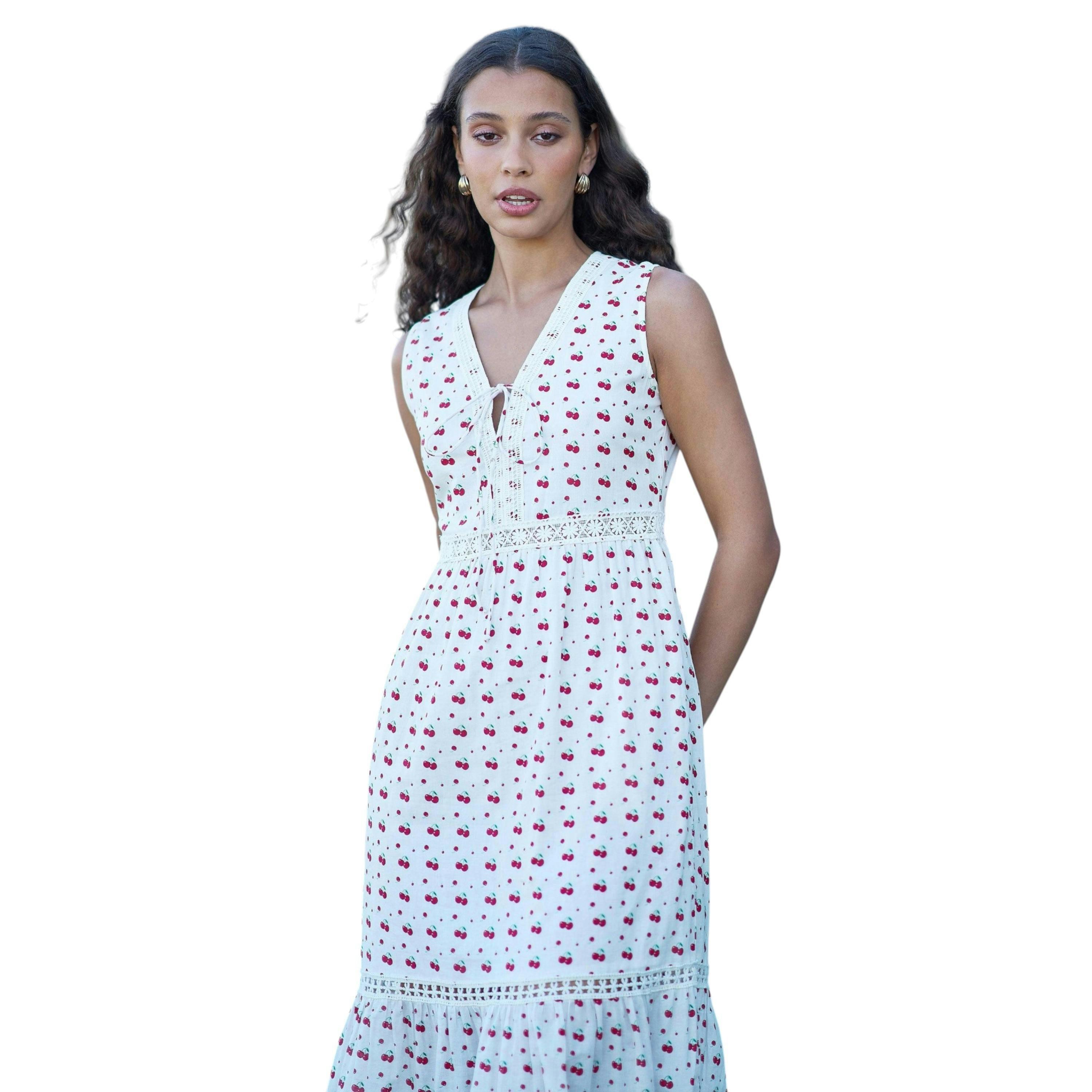 Yumi White Cherry Print Lace Trim Cotton Midi Dress , view 5 of 6