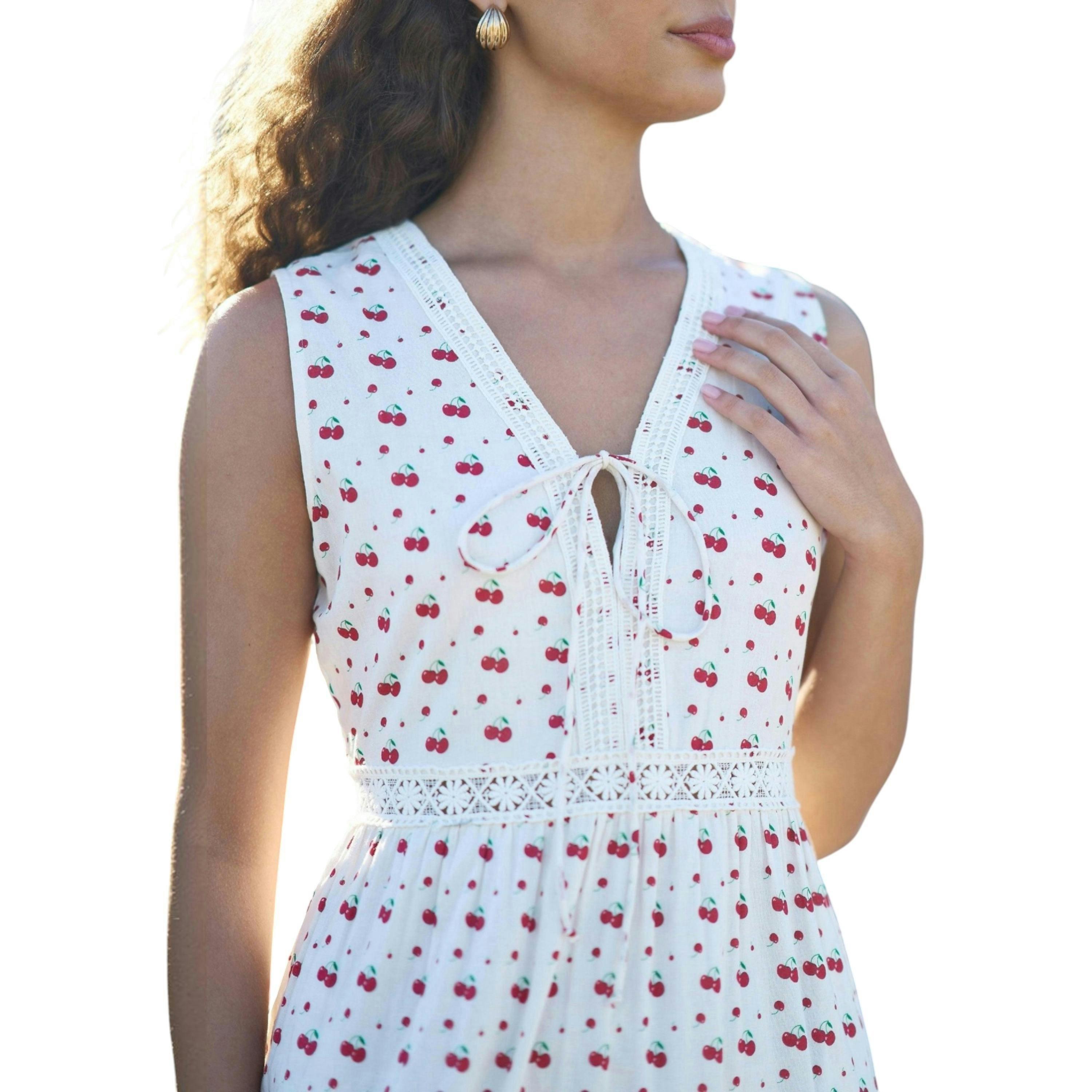 Yumi White Cherry Print Lace Trim Cotton Midi Dress , view 6 of 6