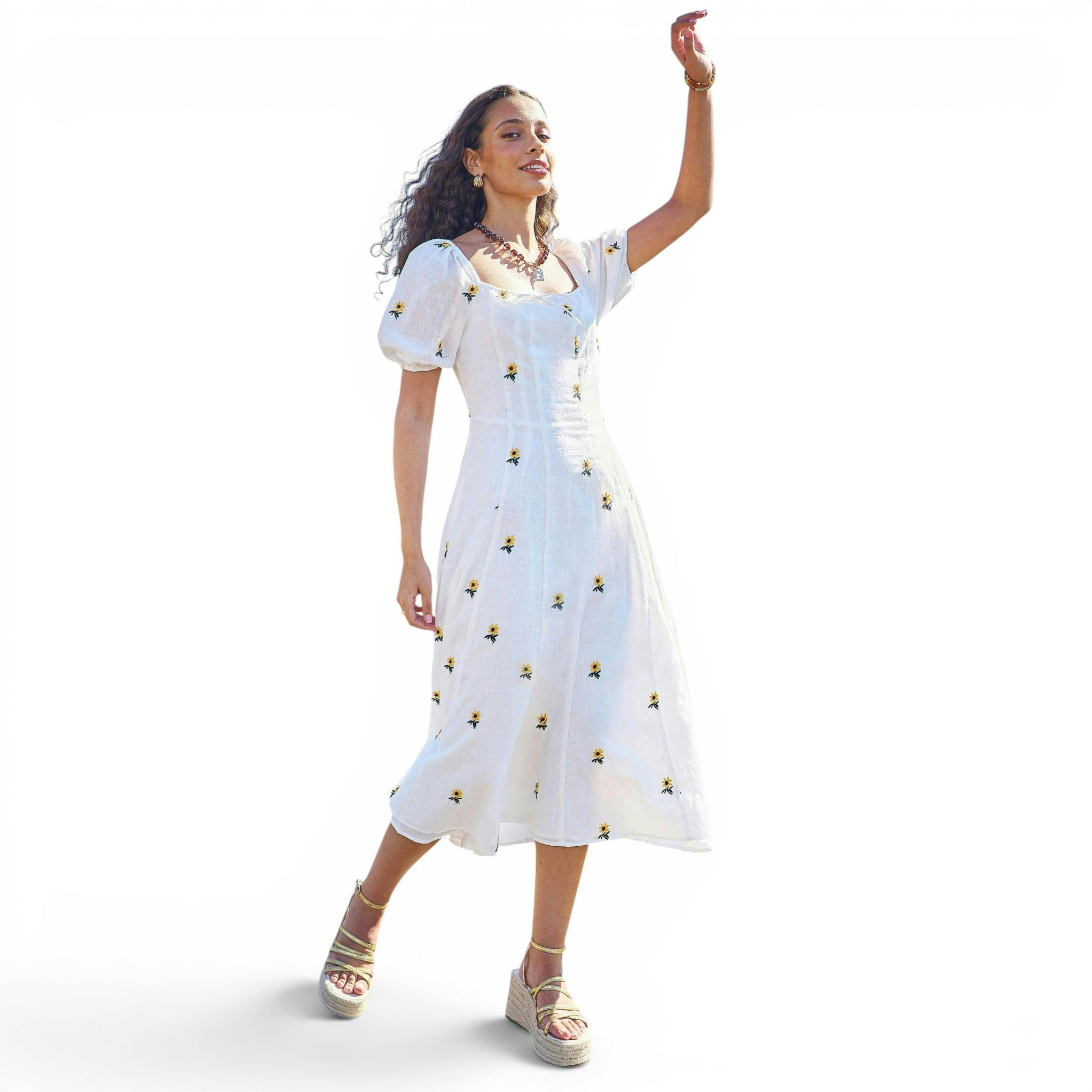 Yumi White Cotton Sunflower Embroidered Midi Dress , view 1 of 6