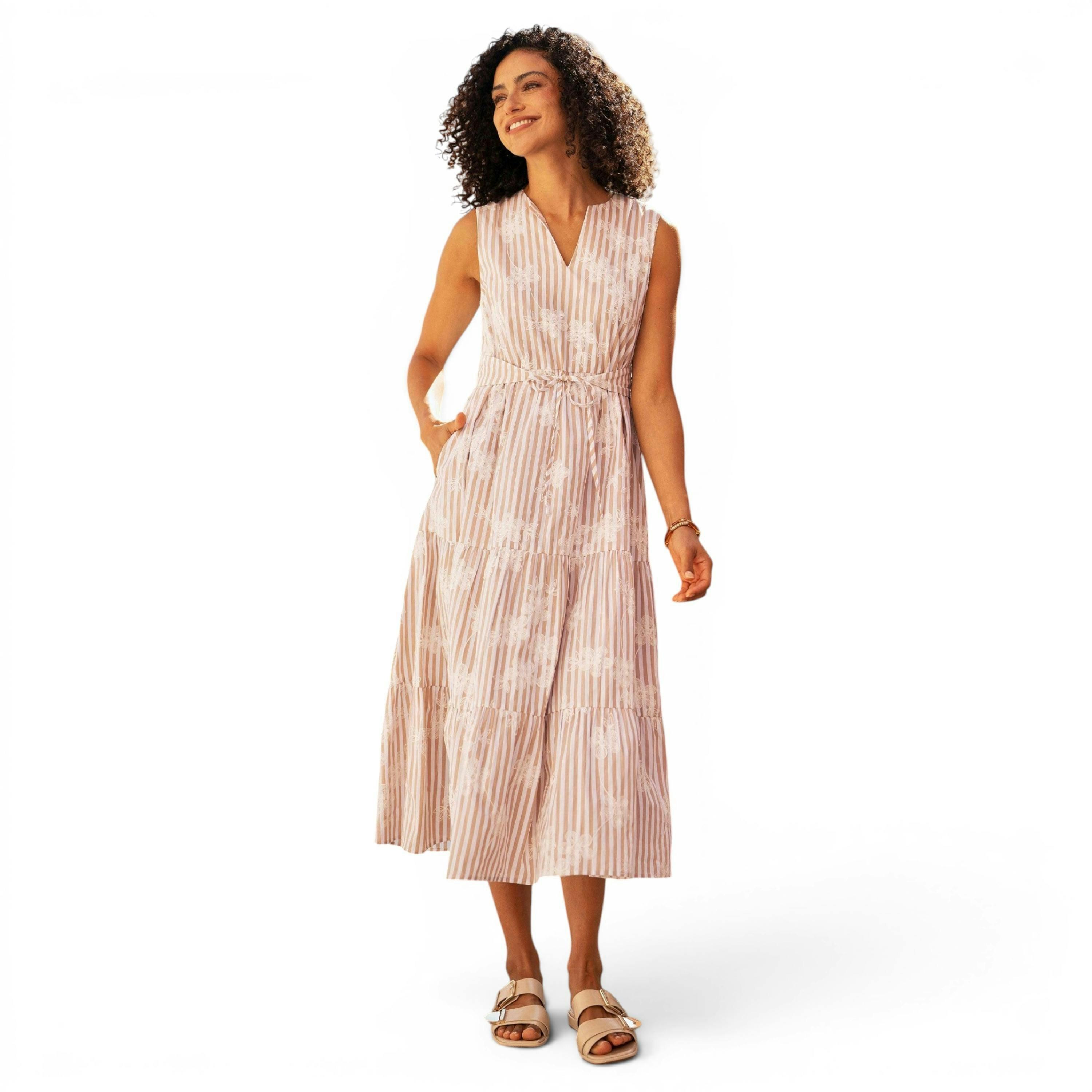 Yumi Brown Stripe With Embroidered Flower Cotton Dress , view 1 of 6