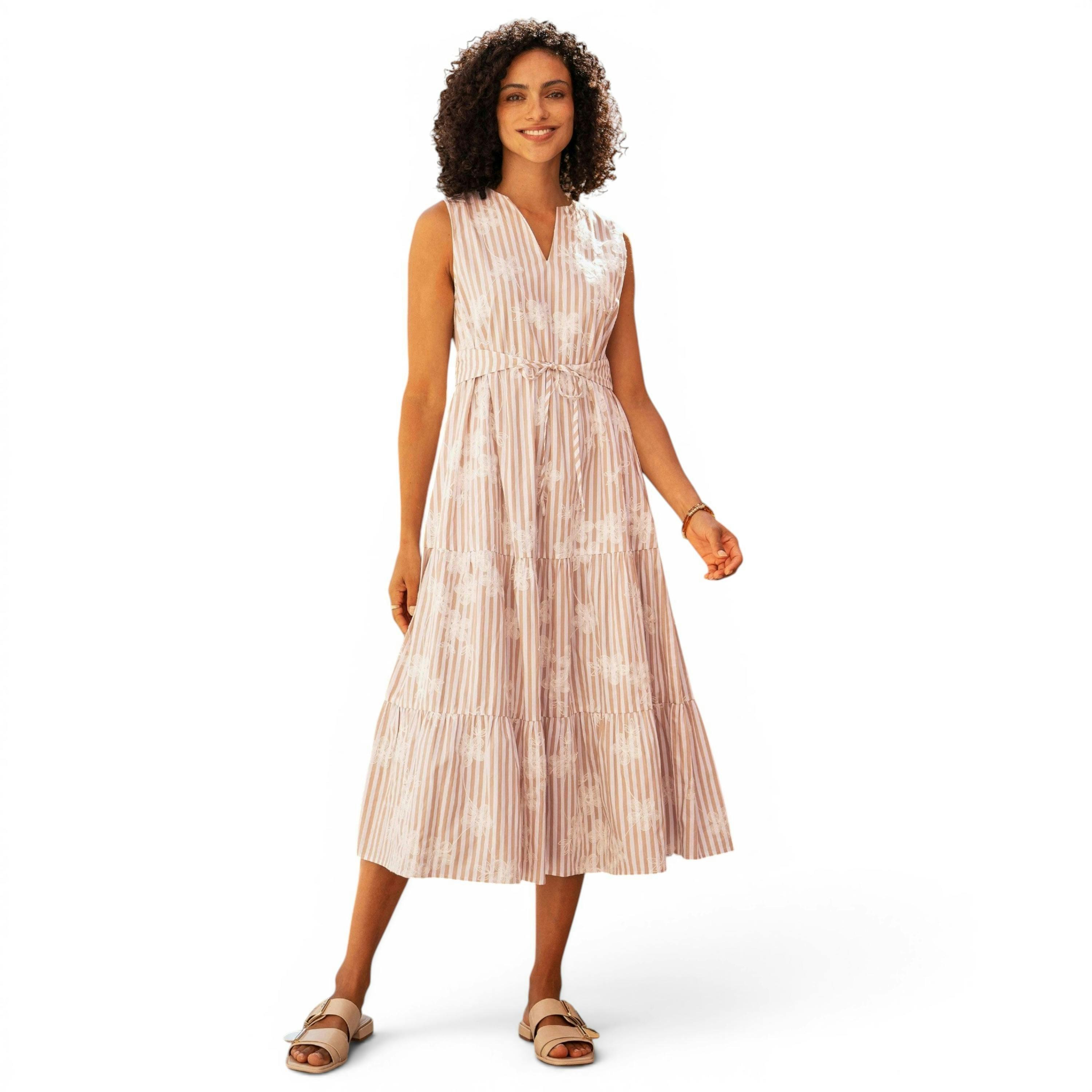Yumi Brown Stripe With Embroidered Flower Cotton Dress , view 3 of 6